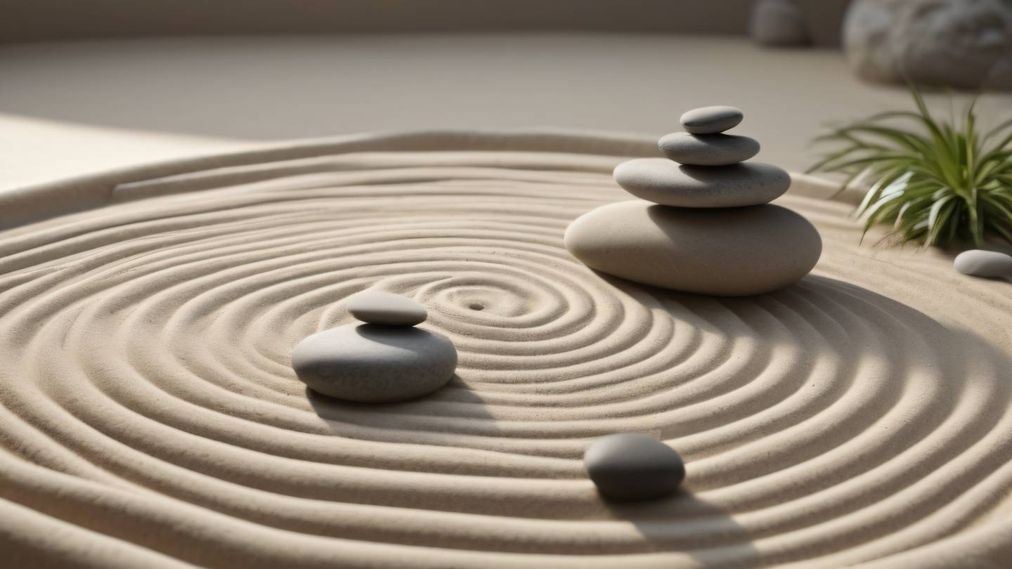 A minimalist zen garden with smooth stones and perfectly raked sand patterns in neutral tones of beige and light gray with soft morning light creating gentle shadows high-quality ultra-realistic cinematic 8K UHD high resolution sharp and detail