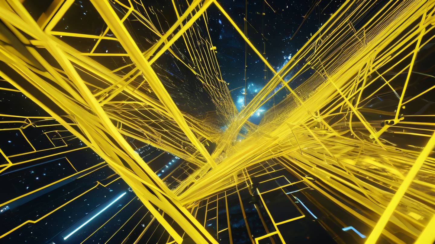 Abstract digital art representing component architecture with interconnected geometric shapes floating in space rendered in bright yellow and holographic colors featuring flowing energy patterns high-quality ultra-realistic cinematic 8K sharp and detailed