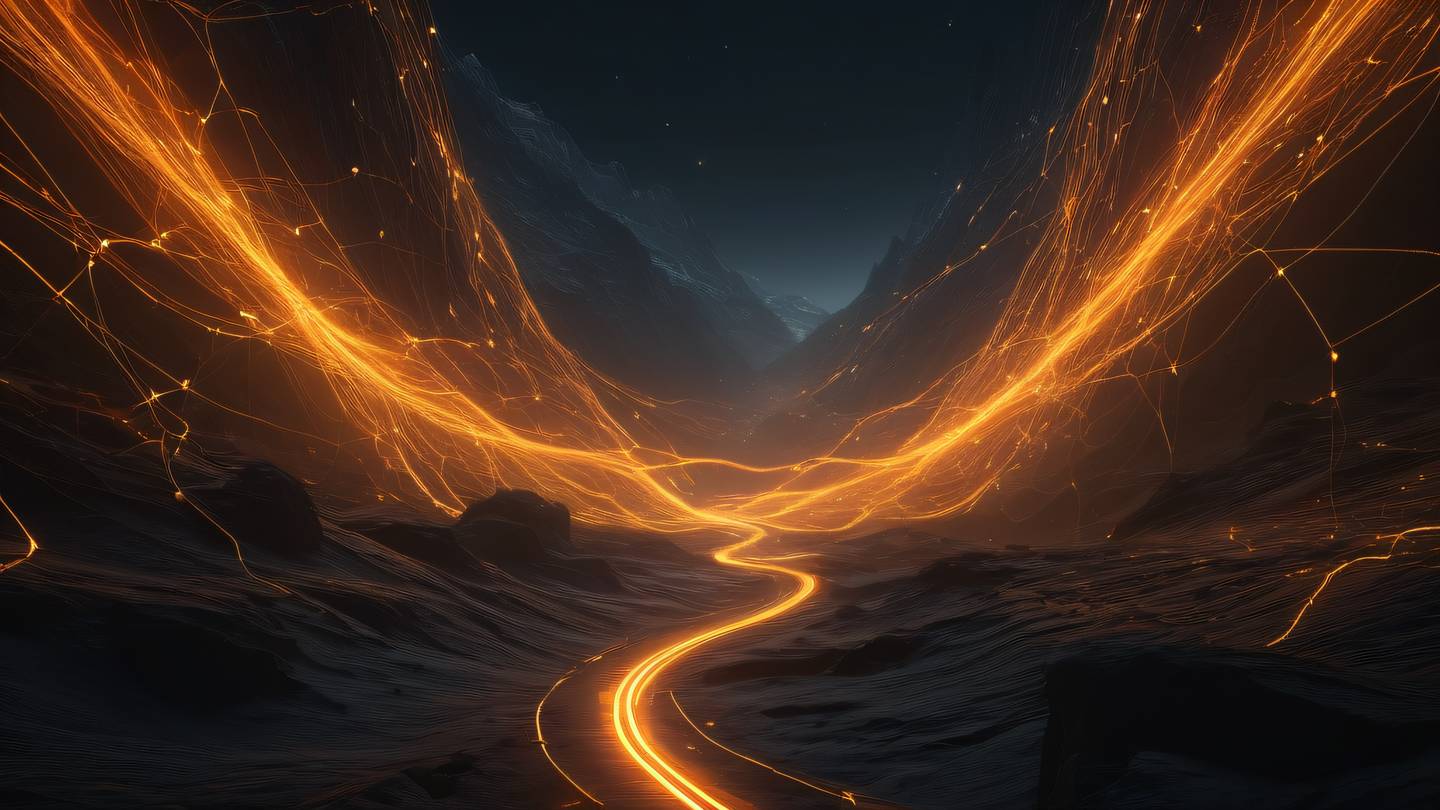 Ethereal environment concept art of a flowing digital landscape with interconnected pathways and nodes featuring bright orange and golden light streams against a dark background high-quality ultra-realistic cinematic 8K UHD