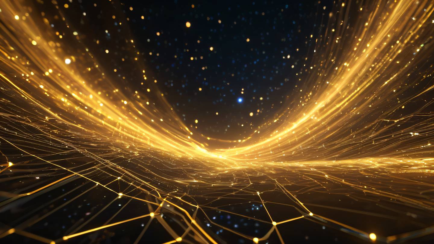 A cosmic abstract visualization of data flow and component hierarchy with flowing energy patterns in holographic and golden colors featuring crystalline structures and light trails ultra-realistic cinematic 8K high resolution sharp and detailed