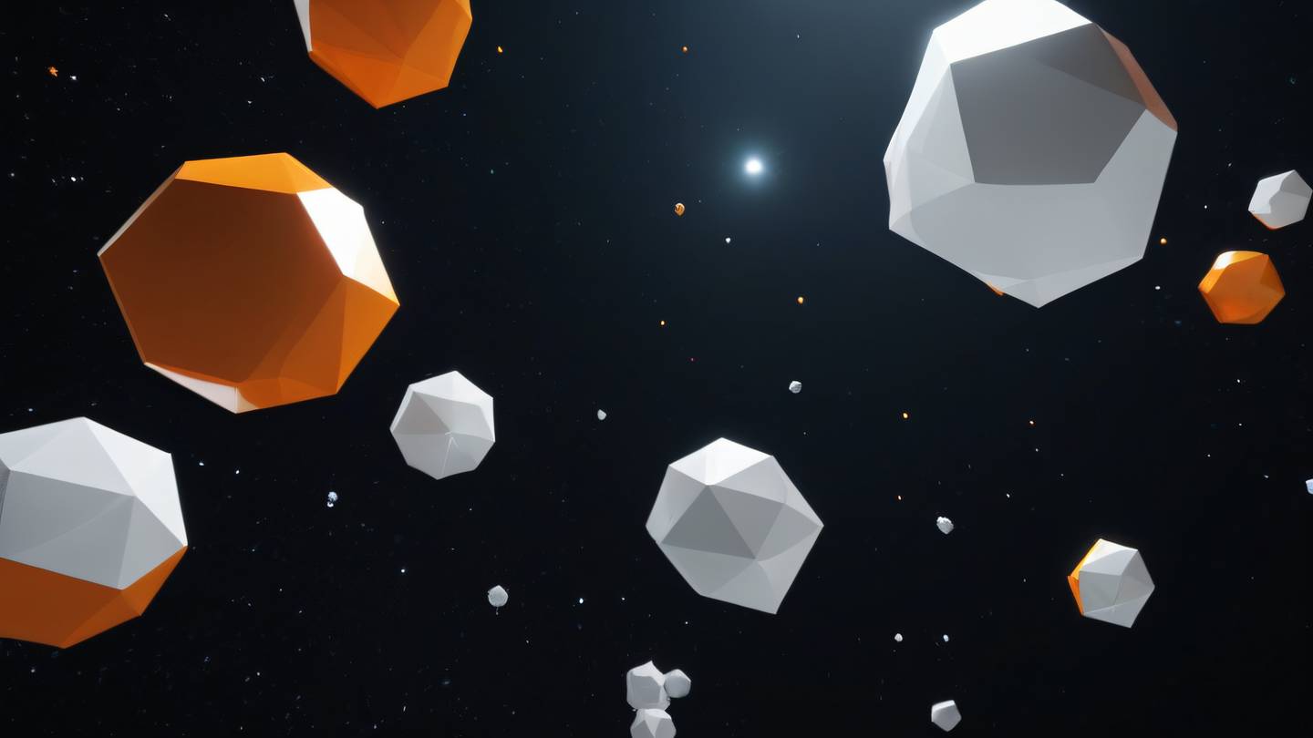 Abstract geometric shapes floating in space with bold orange and white crystalline structures against a deep black background camera angle: looking up at 45 degrees high-quality ultra-realistic cinematic 8K UHD high resolution sharp and detail