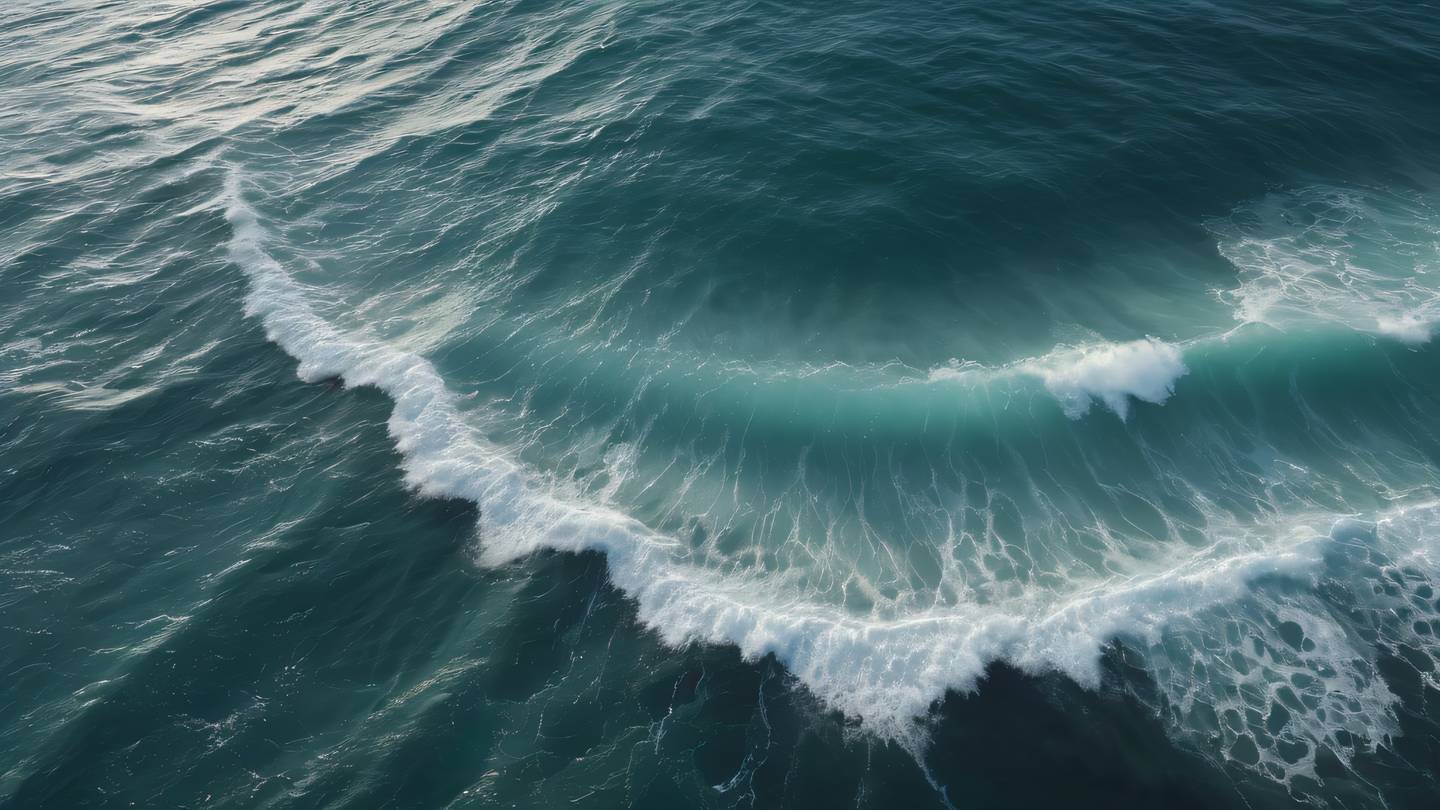 Gentle ocean waves creating geometric patterns on water surface dominant bright creamy colors with stone grey undertones shot from bird's eye view perspective high-quality ultra-realistic cinematic 8K UHD high resolution sharp and detail