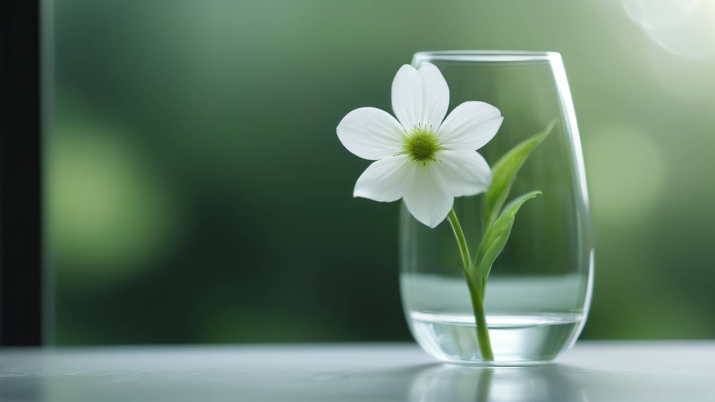 A serene landscape featuring a pristine white flower in sharp focus against a naturally blurred background of etched glass and green tones captured from a macro perspective high-quality ultra-realistic cinematic 8K UHD high resolution sharp and detail