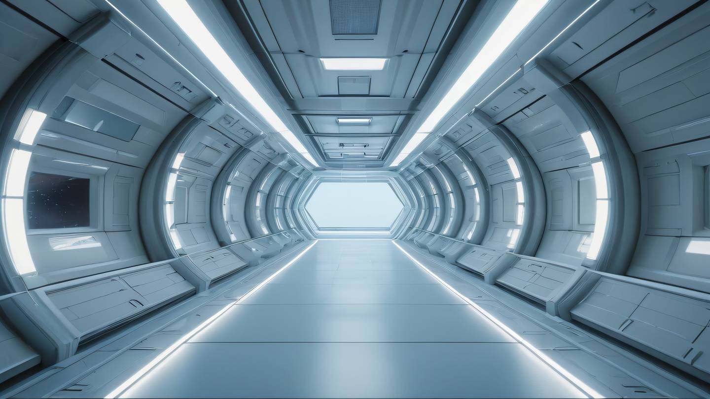 A minimalist abstract space station interior with clean geometric lines and smooth surfaces featuring soft natural lighting streaming through large windows. Colors: sun-washed brick and breezeway blue gradient crystal-clear glass reflections. Camera angle: wide-angle architectural perspective shot looking down a curved corridor. high-quality ultra-realistic cinematic 8K UHD high resolution sharp and detail