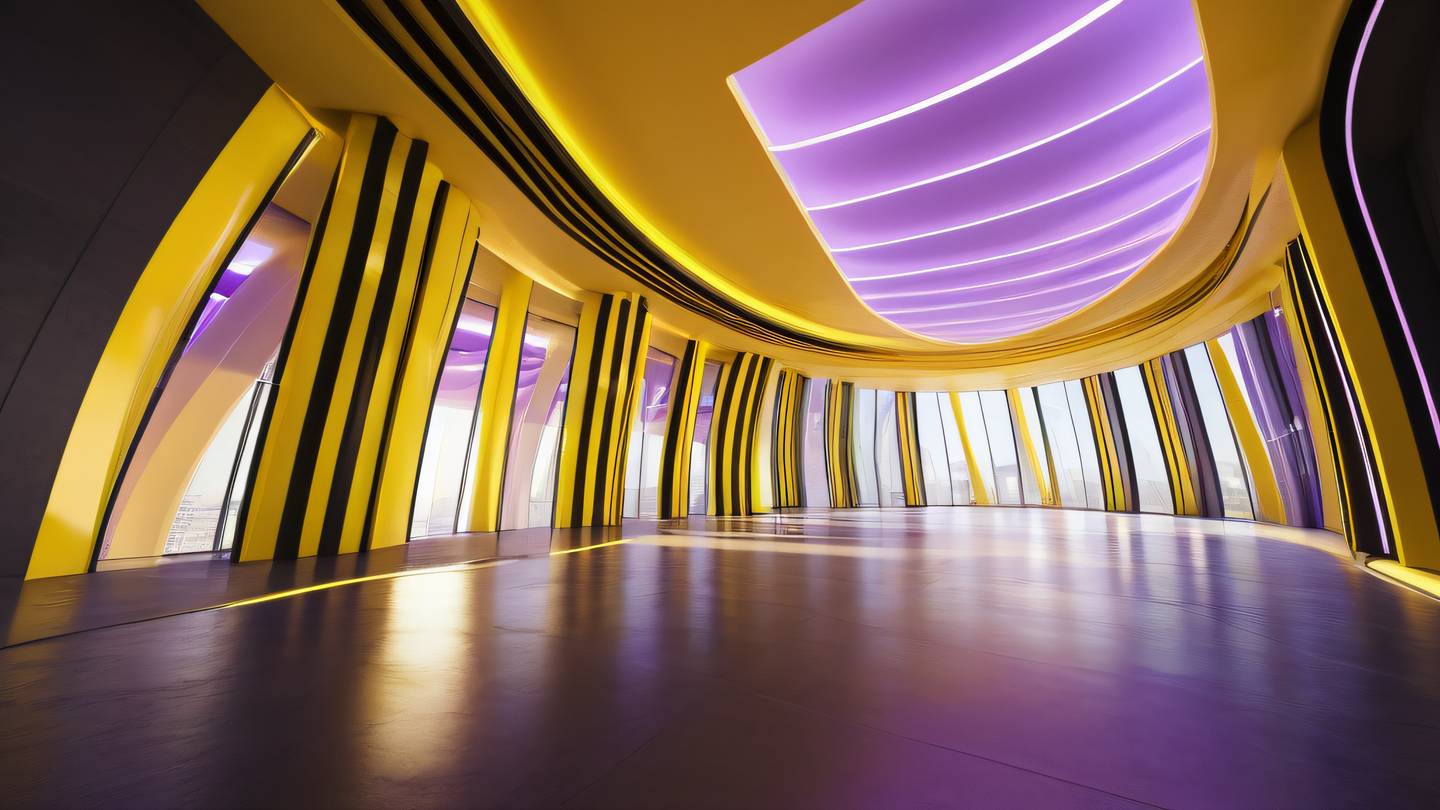 A futuristic abstract architectural interior with curved lines and flowing spaces featuring dramatic light beams streaming through geometric windows. Colors: Canary yellow and lilac gradient with off-black accents. Camera angle: Wide-angle shot from ground level looking up toward the ceiling