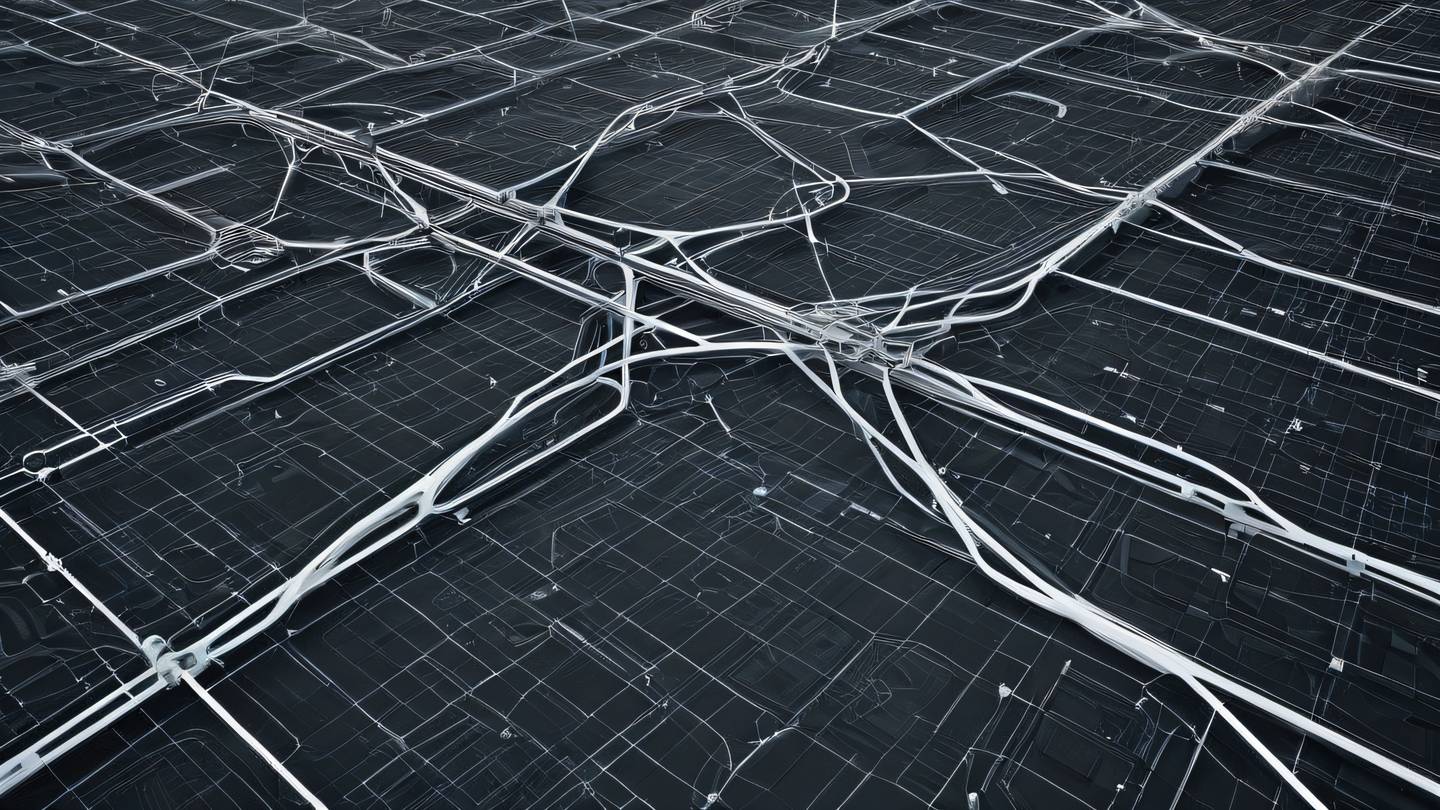 Abstract visualization of interconnected nodes and pathways representing a complex system architecture. Floating elements with clean lines and sharp edges. Colors: Black and white with subtle highlights. Camera angle: Top-down aerial view with slight perspective