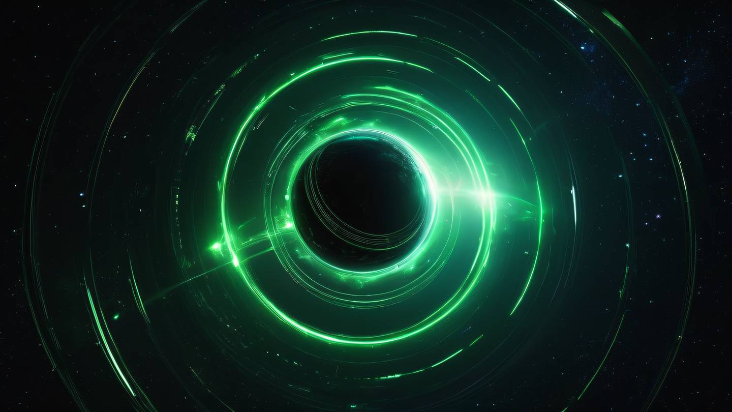 Abstract cosmic scene with a minimalist planet surrounded by geometric rings and flowing energy streams. Sharp contrast between dark space and illuminated elements. Colors: Bright neon green and deep black with white accents. Camera angle: Low angle shot looking upward into vast space