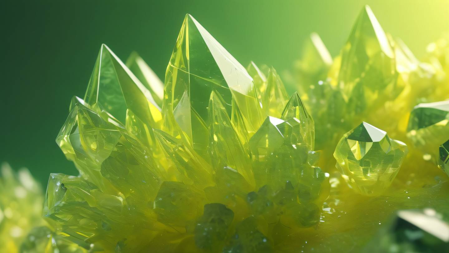 Abstract geometric crystal formations emerging from a smooth surface with flowing energy streams connecting them color palette: sunshine yellow and fluorescent green gradients camera angle: low angle tilt high-quality ultra-realistic cinematic 8K UHD high resolution sharp and detail
