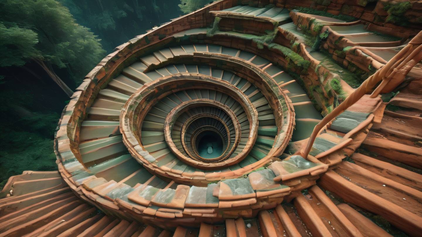 Crystalline terraces forming a spiral staircase in an alien landscape color palette: rustic terracotta and forest green with golden highlights camera angle: aerial perspective looking down high-quality ultra-realistic cinematic 8K UHD high resolution sharp and detail