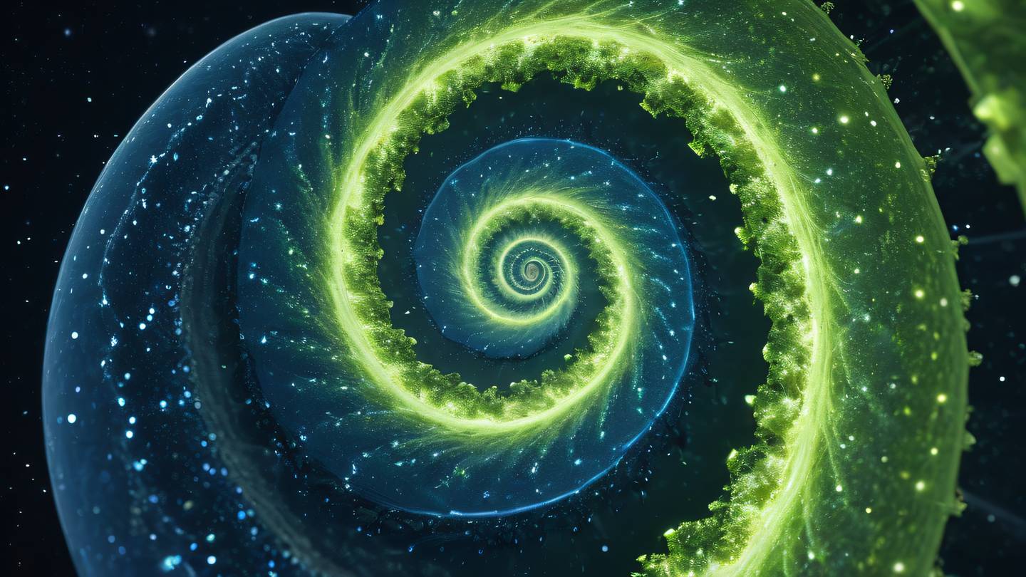 A spiral galaxy made of interconnected geometric shapes and energy particles color palette: lime and sapphire blue with bright white accents camera angle: dynamic spiral view high-quality ultra-realistic cinematic 8K UHD high resolution sharp and detail