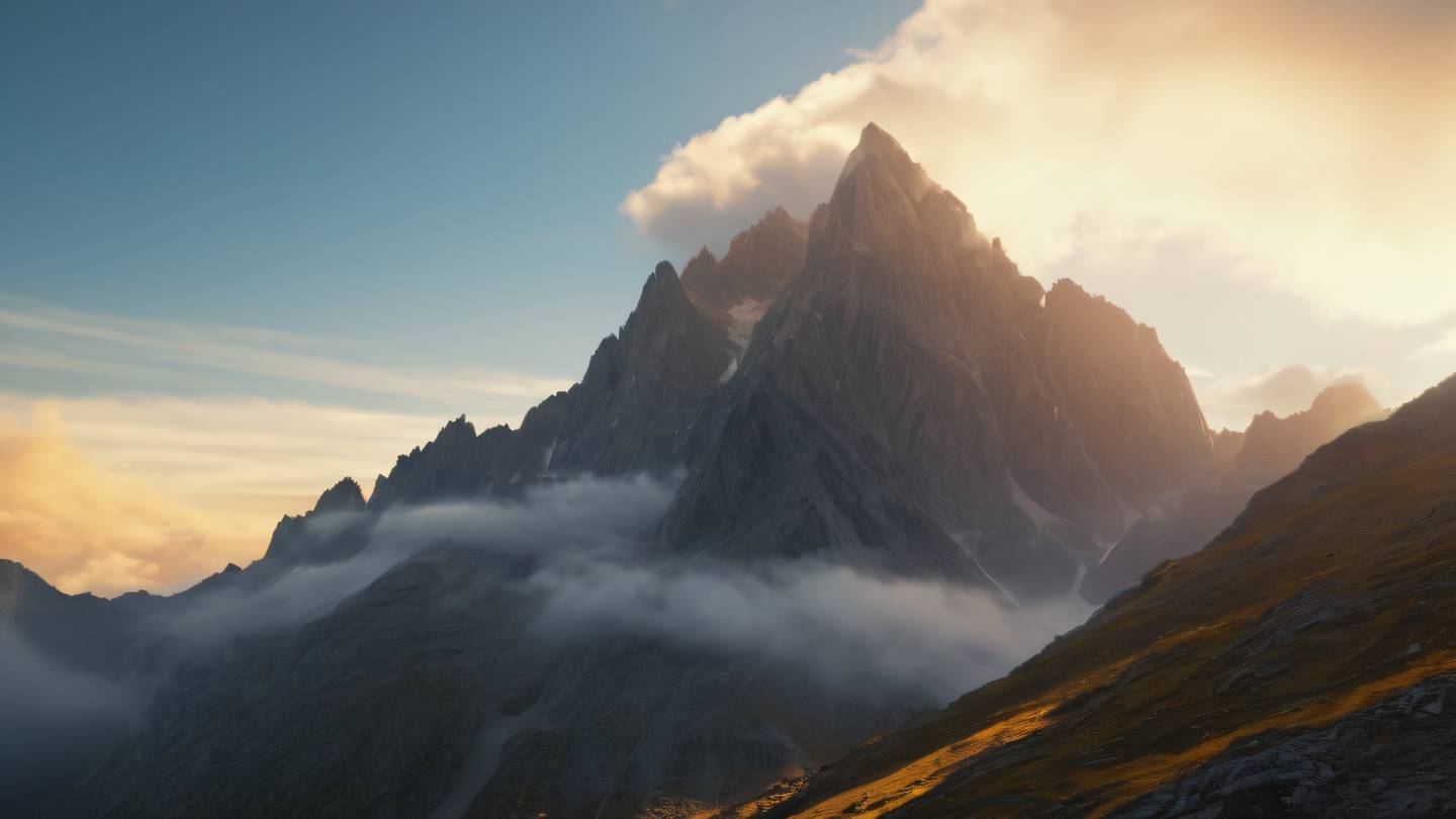 A majestic rocky mountain peak emerging through clouds with bright sunlit yellow and orange gradient sky capturing the dynamic harmony of nature shot from below looking up ultra-realistic cinematic 8K UHD high resolution sharp and detailed