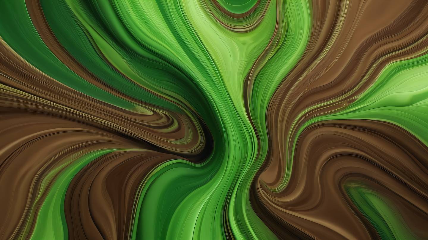 Abstract fluid shapes flowing together in contemporary brown and bright green colors representing seamless integration aerial view looking down brush stroke texture high-quality ultra-realistic cinematic 8K UHD high resolution sharp and detailed