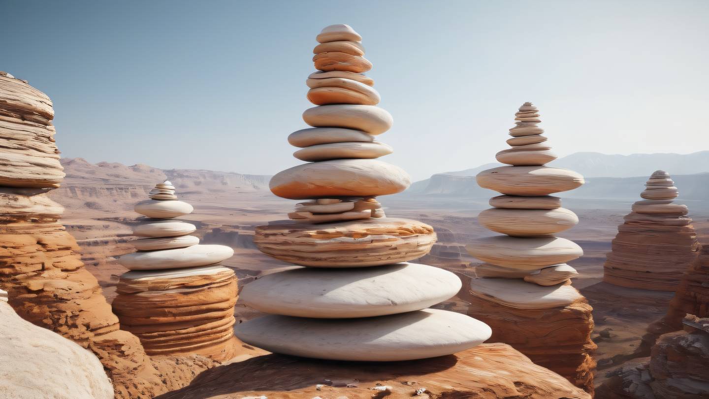 Smooth stone formations in white and orange tones stacked in perfect balance representing layered architecture shot from side angle National Geographic Nature style high-quality ultra-realistic cinematic 8K UHD high resolution sharp and detailed