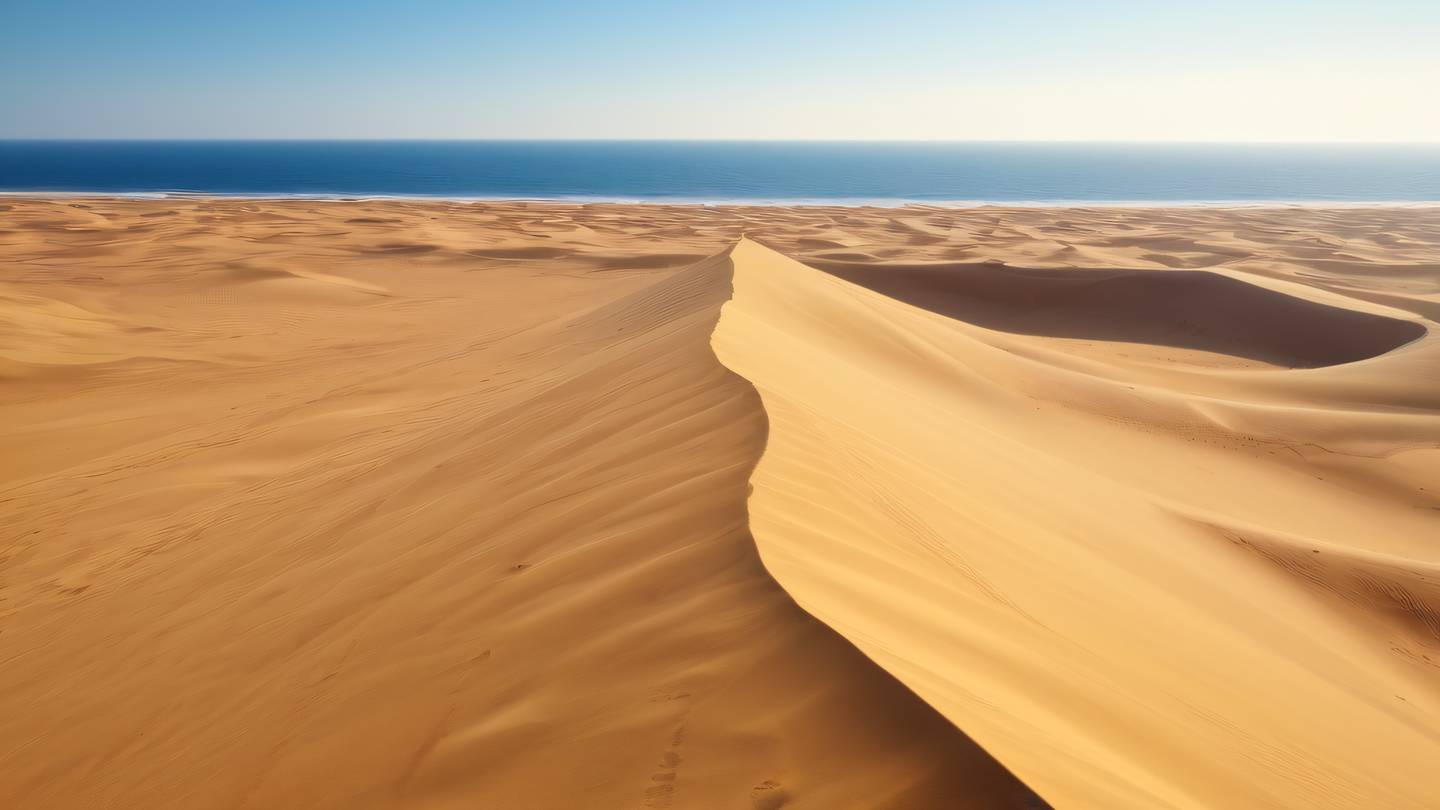 Desert landscape with bright yellow sand dunes meeting clear blue sky waves of sand creating natural patterns composition from bird's eye view high-quality ultra-realistic cinematic 8K UHD high resolution sharp and detailed