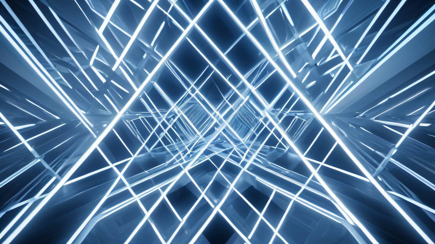 Abstract geometric patterns with intersecting planes and light beams dominated by crisp white and electric blue tones captured from a bird's eye view perspective high-quality ultra-realistic cinematic 8K UHD high resolution sharp and detail