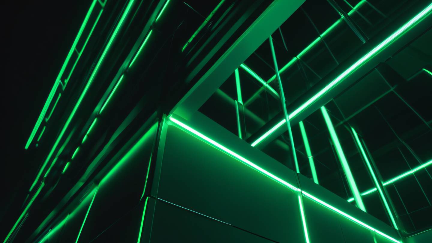 A modern minimalist architectural structure with clean lines and geometric patterns featuring a harmonious blend of dark green glass panels and neon green lighting accents shot from a low upward angle perspective high-quality ultra-realistic cinematic 8K UHD high resolution sharp and detail