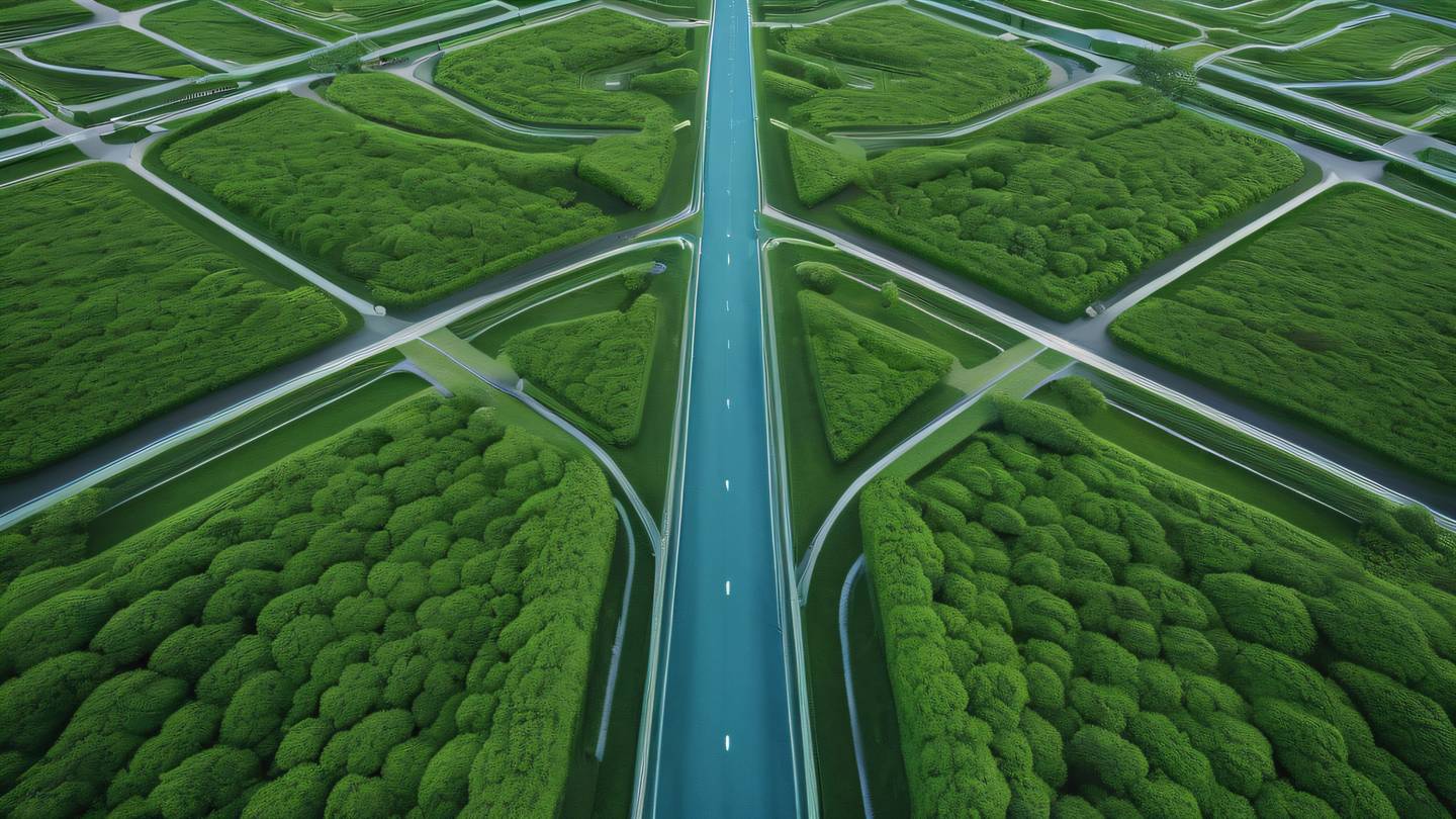 An abstract representation of organized pathways featuring flowing lines and geometric shapes in turquoise blue and fresh moss green colors captured from a bird's eye view perspective high-quality ultra-realistic cinematic 8K UHD high resolution sharp and detail