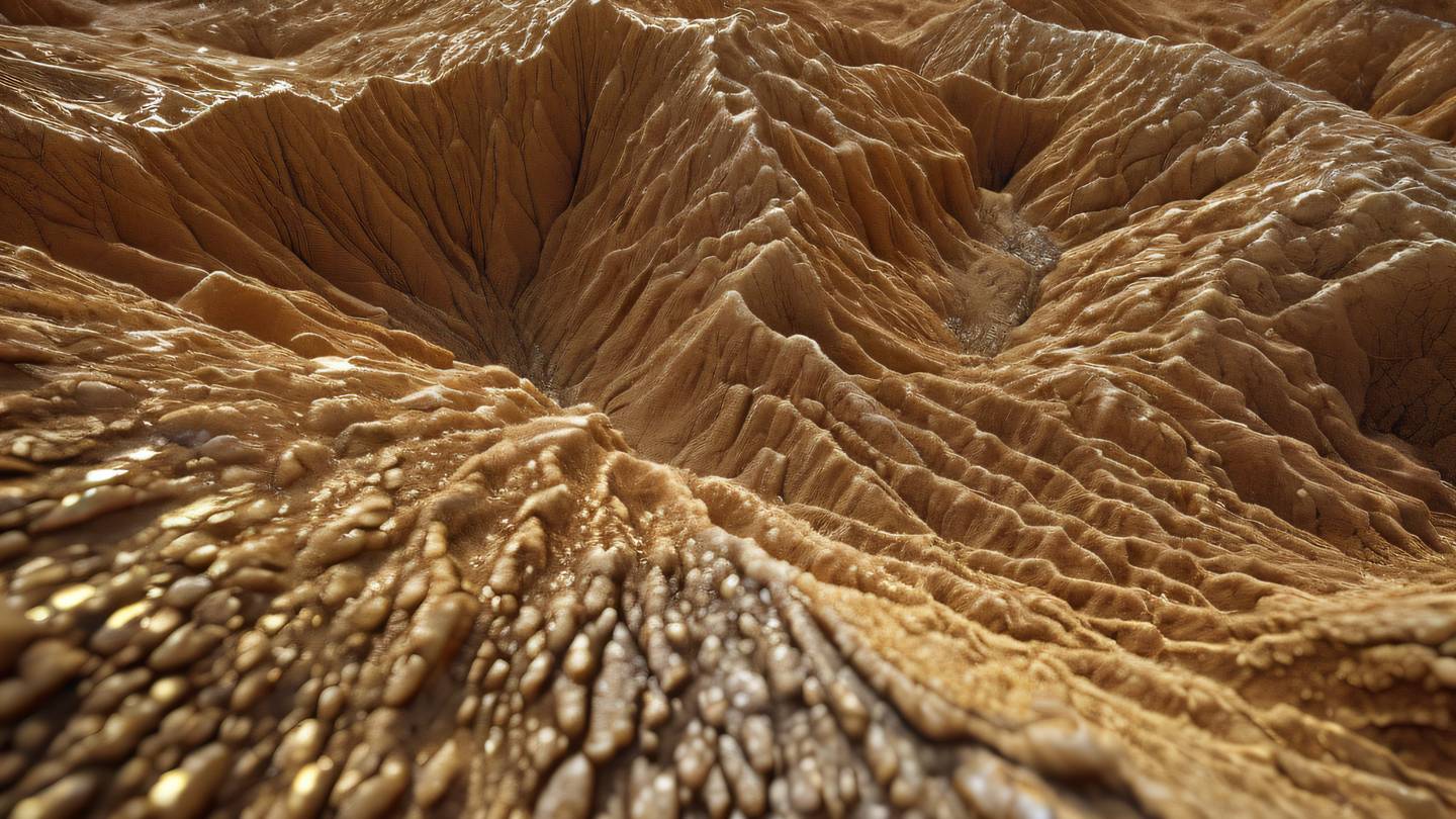 Natural crystalline formations in gold and clay colors with intricate patterns and layered structures photographed from a macro close-up angle high-quality ultra-realistic cinematic 8K UHD high resolution sharp and detail