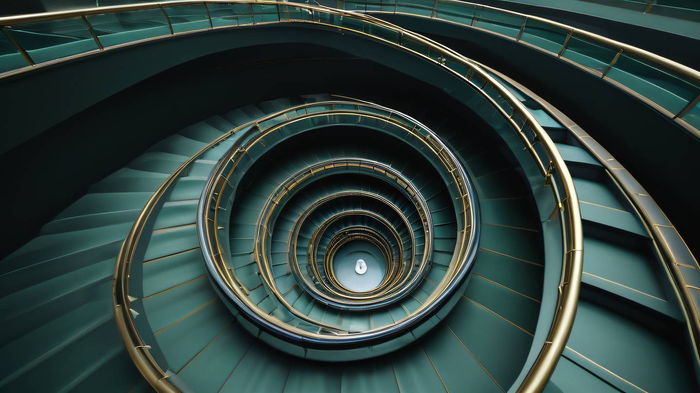 An architectural spiral staircase structure with flowing curves and clean lines featuring a combination of dark green metal and glass elements with subtle golden accents photographed from a centered spiral perspective looking upward high-quality ultra-realistic cinematic 8K UHD high resolution sharp and detail