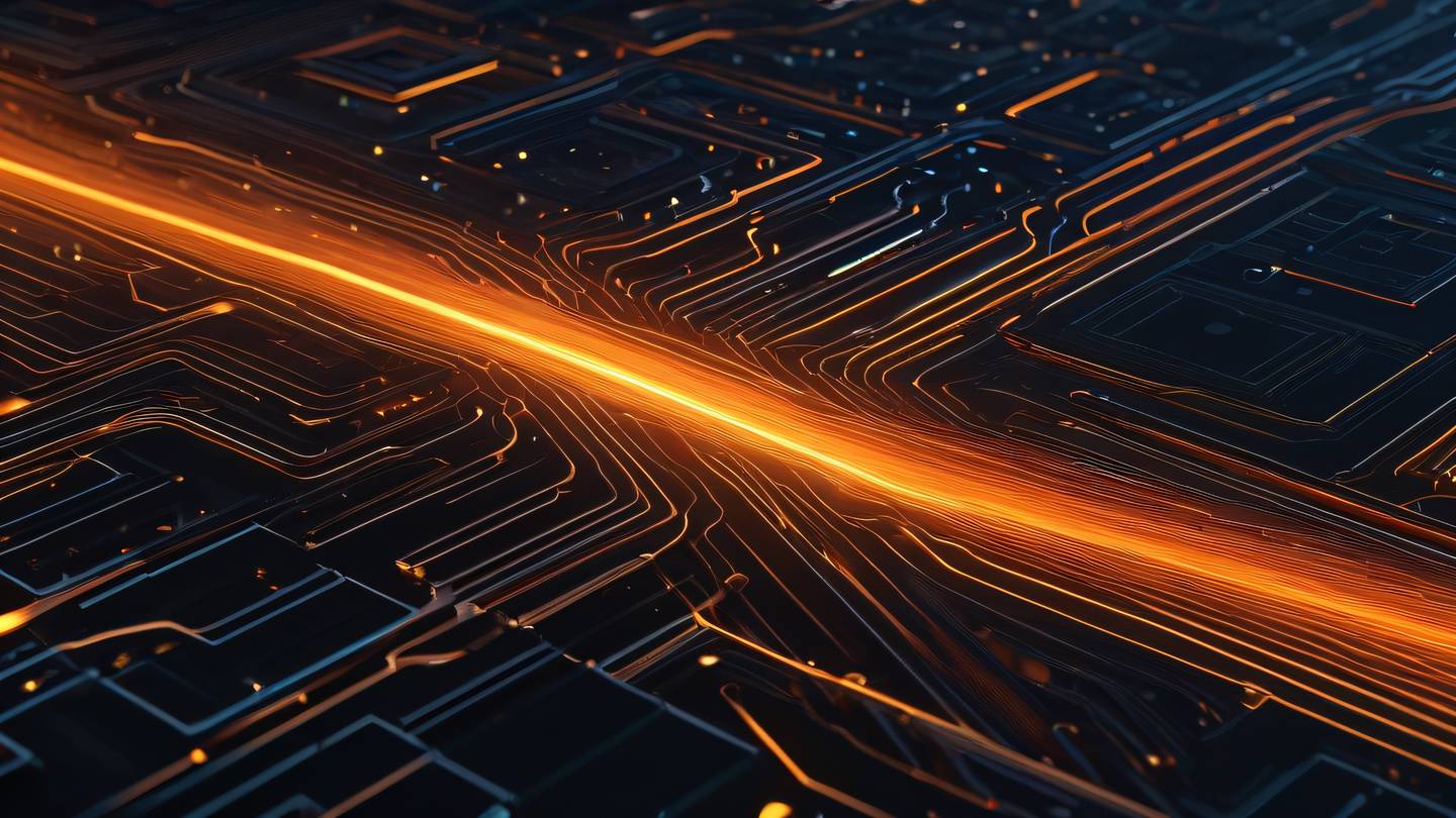 Abstract geometric patterns representing data flow and synchronization flowing from left to right predominantly iridescent and bright orange colors with metallic highlights shot from a top-down perspective high-quality ultra-realistic cinematic 8K UHD high resolution sharp and detail