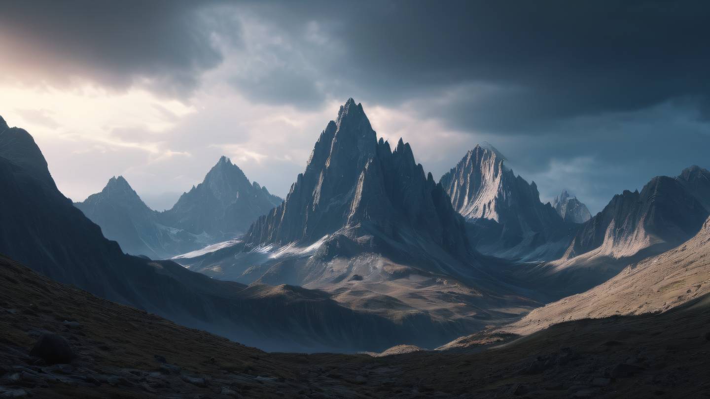 Majestic rocky mountain landscape with dramatic lighting holographic color effects across the peaks and valleys creating an otherworldly atmosphere high-quality ultra-realistic cinematic 8K UHD high resolution sharp and detail shot from low angle looking up