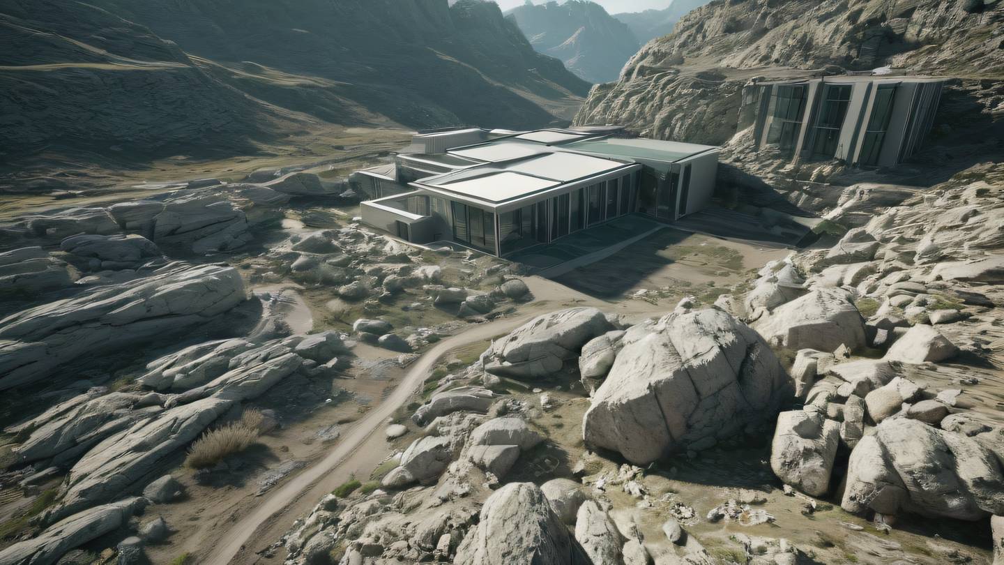Rocky terrain with modern architectural elements featuring bright silver and sage green color palette geometric shapes cast natural shadows wide-angle landscape view high-quality ultra-realistic cinematic 8K UHD high resolution sharp and detail