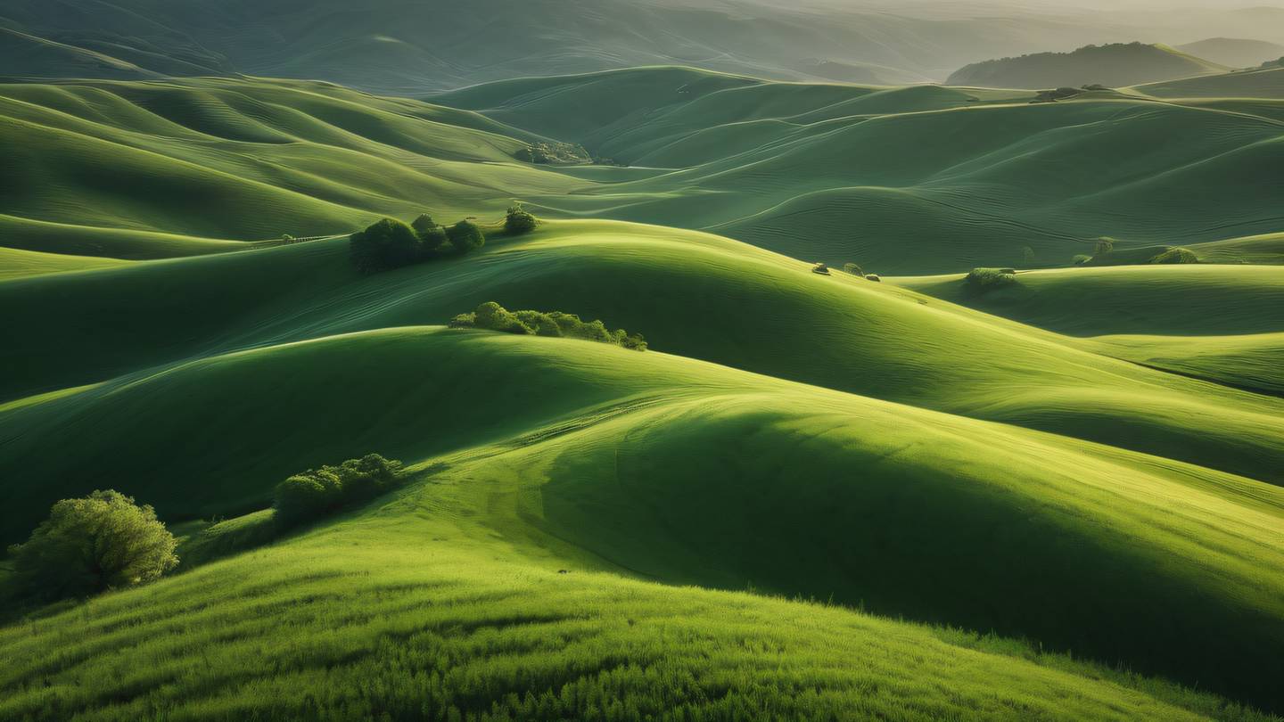 A minimalist landscape with rolling hills featuring bright emerald green and metallic silver tones natural textures and organic shapes captured during golden hour from a bird's eye view high-quality ultra-realistic cinematic 8K UHD high resolution sharp and detail
