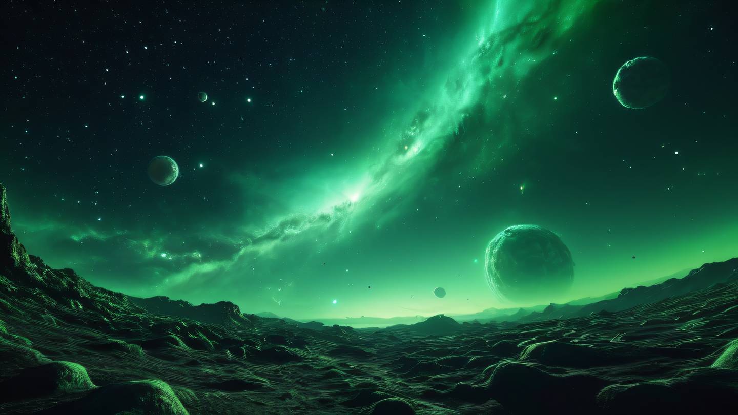 A cosmic landscape featuring ethereal nebulae and swirling star formations rendered in bright neon green and off-white colors against a deep black background. Shot from a low-angle perspective looking up at the vast expanse ultra-realistic cinematic 8K UHD high resolution sharp and detailed