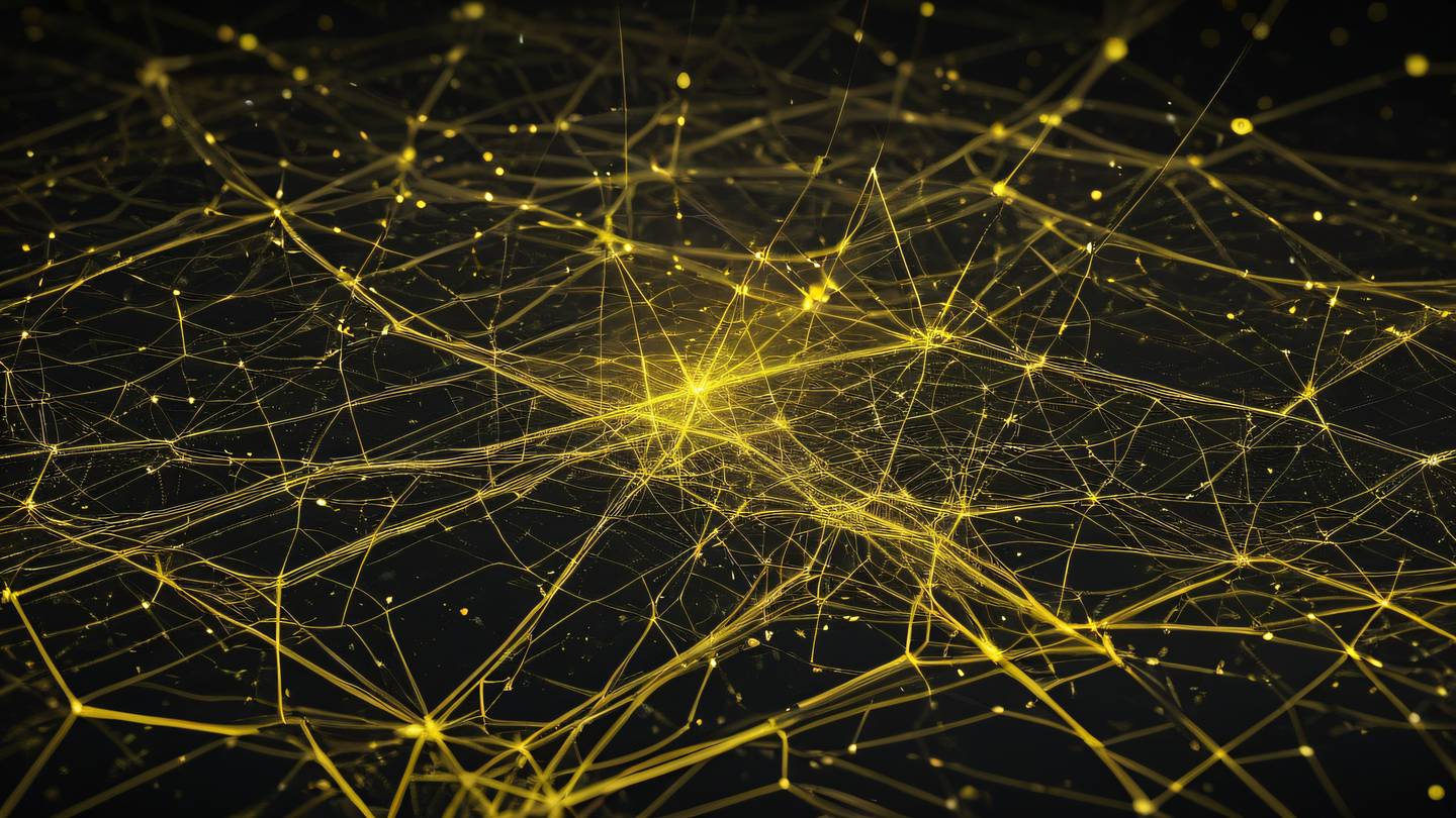 Abstract geometric patterns resembling constellation maps featuring interconnected nodes and pathways. Rendered in canary yellow and off-black with subtle gradients. Captured from a bird's-eye view perspective high-quality ultra-realistic cinematic 8K UHD high resolution sharp and detailed