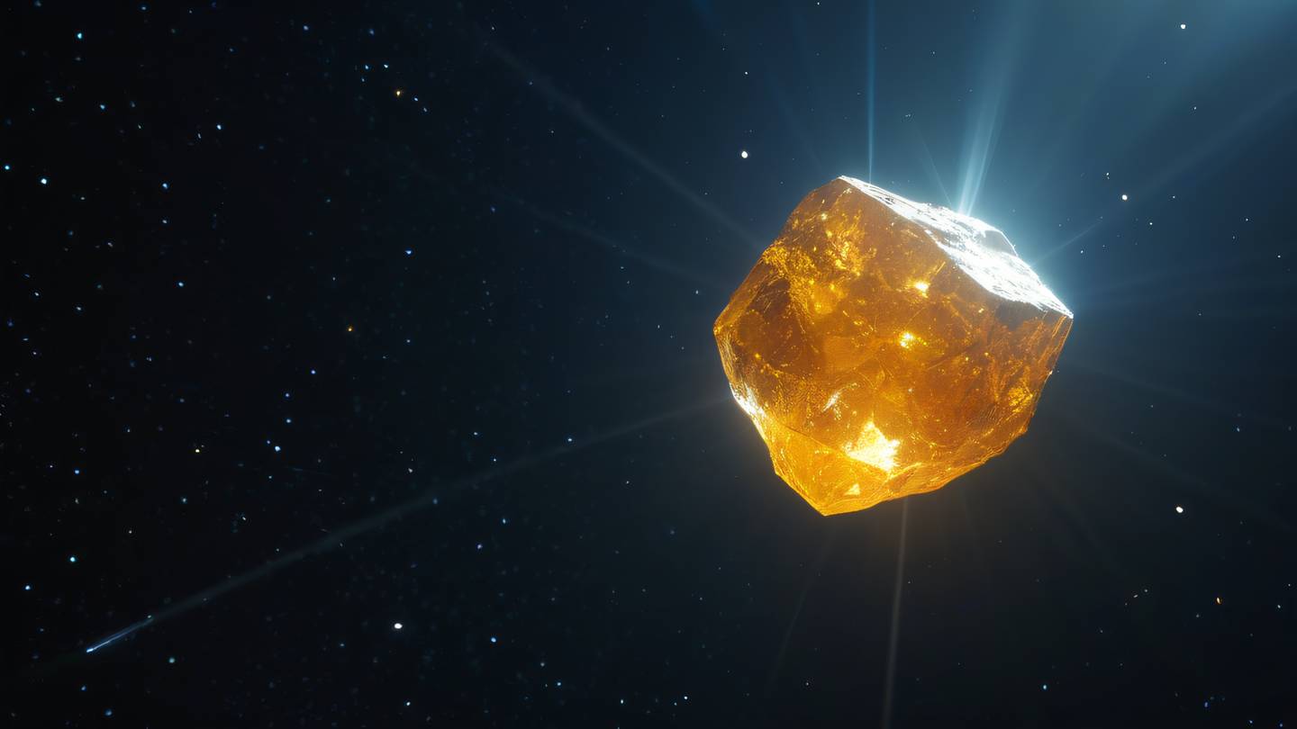 A stunning crystal asteroid floating in space emitting bright yellow and orange light rays sharp geometric facets reflecting starlight viewed from a low angle perspective looking upward high-quality ultra-realistic cinematic 8K UHD high resolution sharp and detail