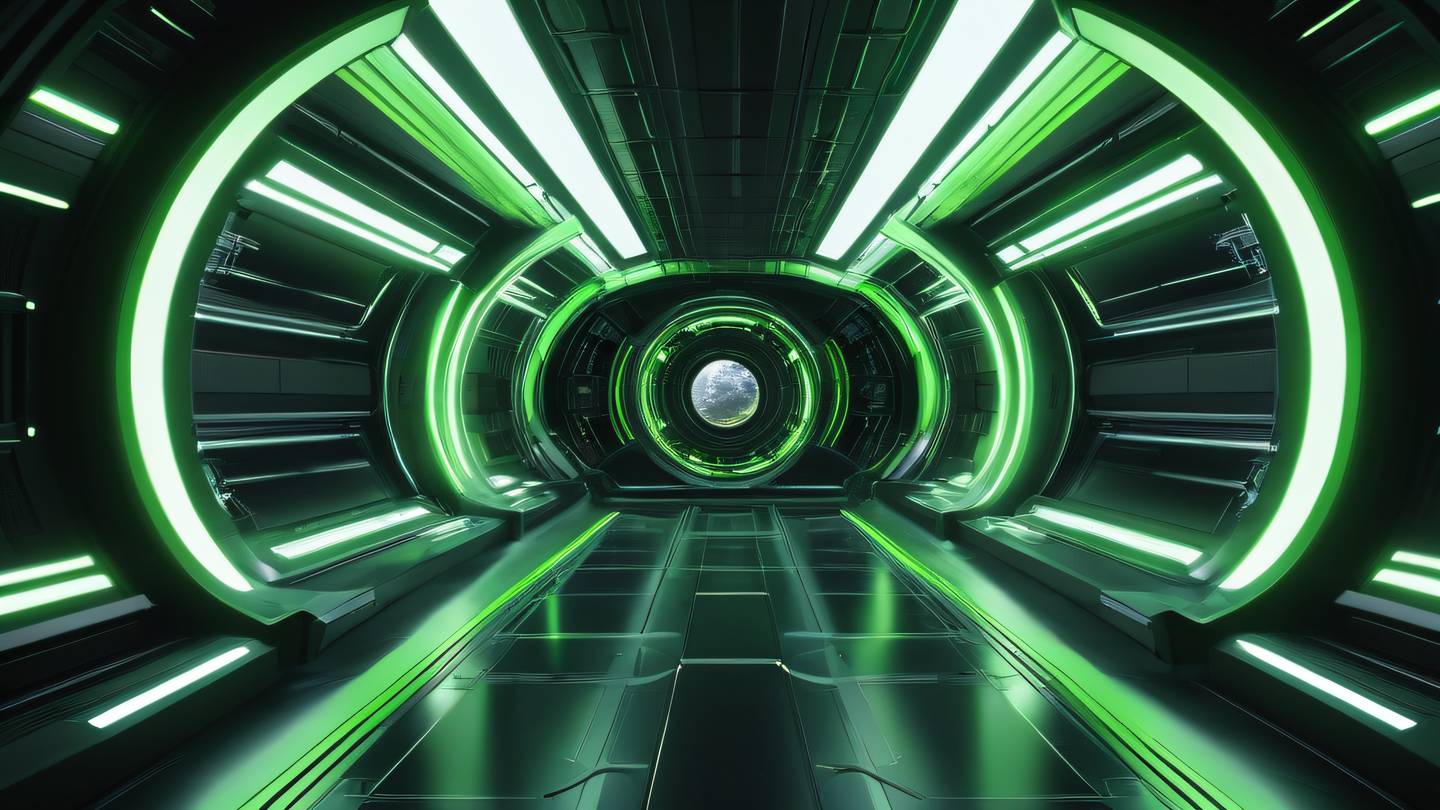 Abstract geometric space station interior with flowing bright green and black gradient energy streams curved architectural elements captured from a wide-angle perspective high-quality ultra-realistic cinematic 8K UHD high resolution sharp and detail