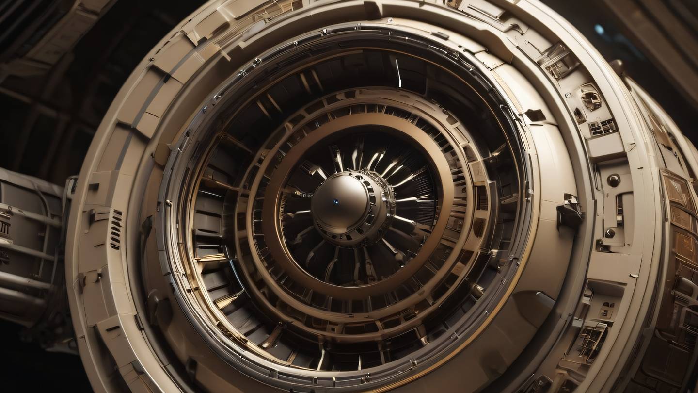 Futuristic spacecraft engine core glowing with contemporary brown and cream energy patterns mechanical details visible photographed from a dramatic side angle high-quality ultra-realistic cinematic 8K UHD high resolution sharp and detail