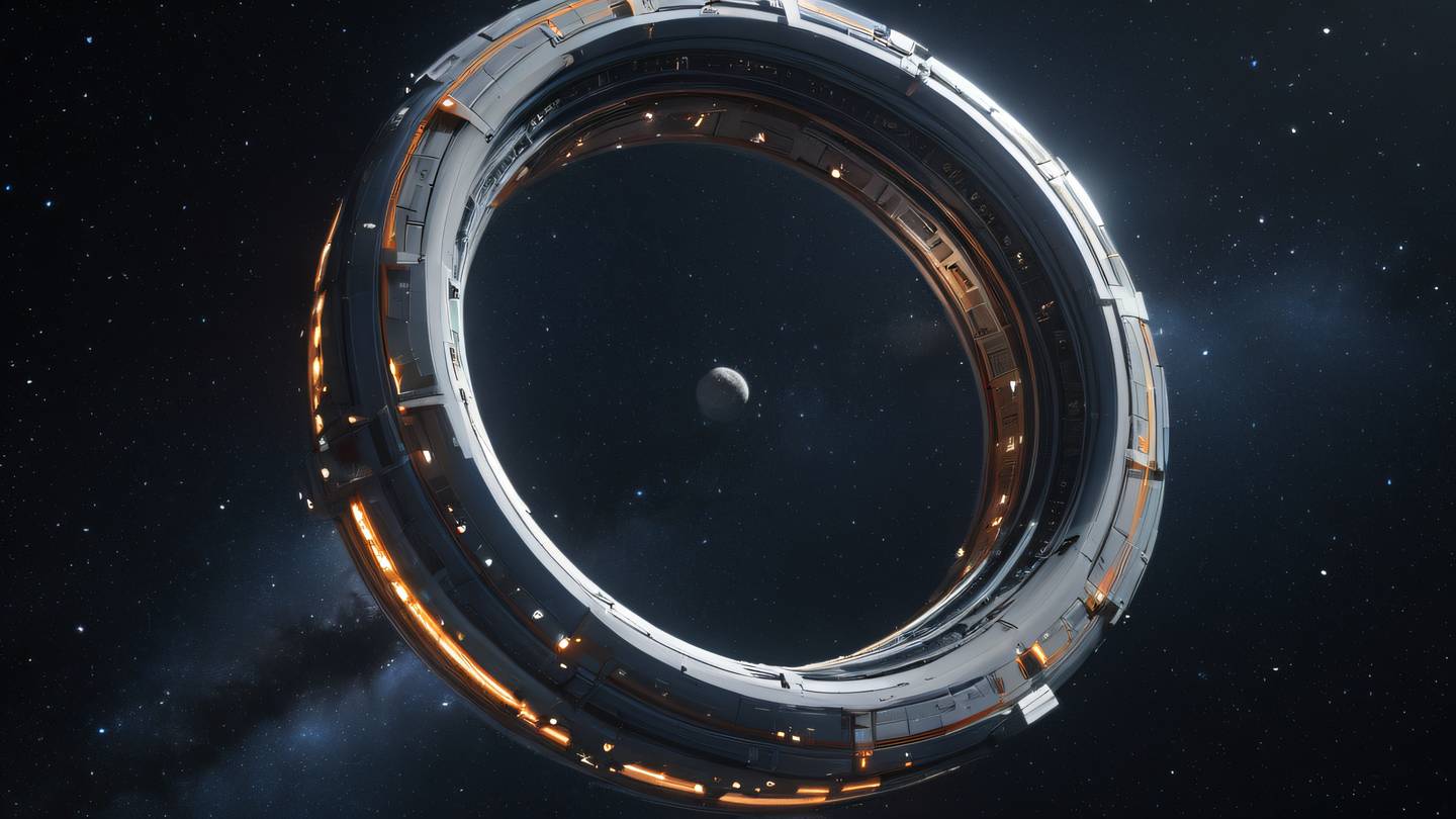 A majestic space station ring structure with white and orange geometric patterns floating against a starfield background captured from a dramatic upward angle showing the curve of the structure high-quality ultra-realistic cinematic 8K UHD high resolution sharp and detail