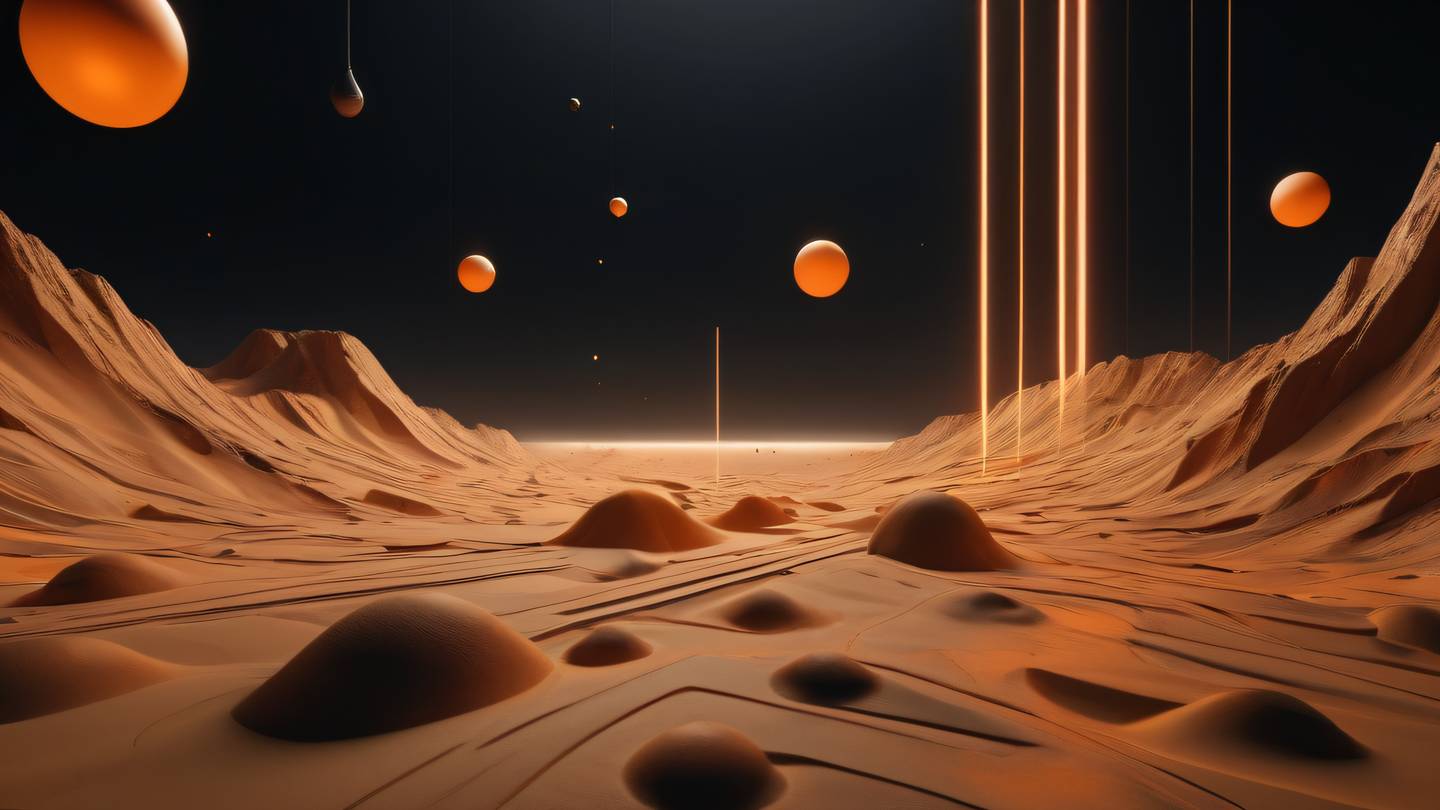 A futuristic abstract landscape with floating geometric shapes featuring a harmonious blend of bright orange and sand colors against a black backdrop ultra-realistic cinematic lighting 8K resolution shot from an upward angle with shapes appearing to float toward the viewer high-quality rendering with sharp details and reflective surfaces