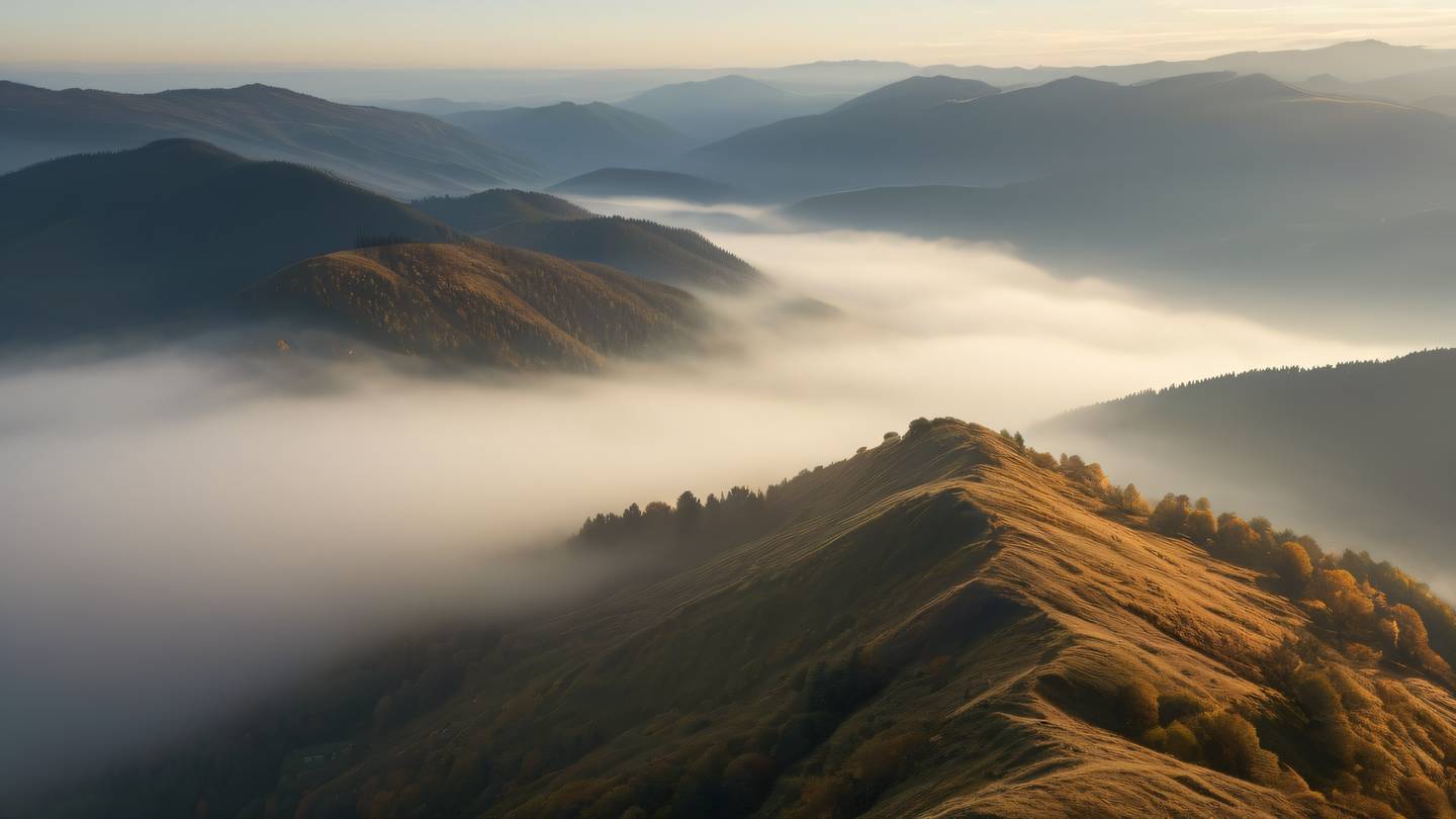 A serene mountain landscape with rolling hills covered in October mist ethereal morning light casting golden rays through the fog high-quality ultra-realistic cinematic 8K UHD captured from a bird's eye view with dramatic depth sharp details revealing the texturing of the misty atmosphere