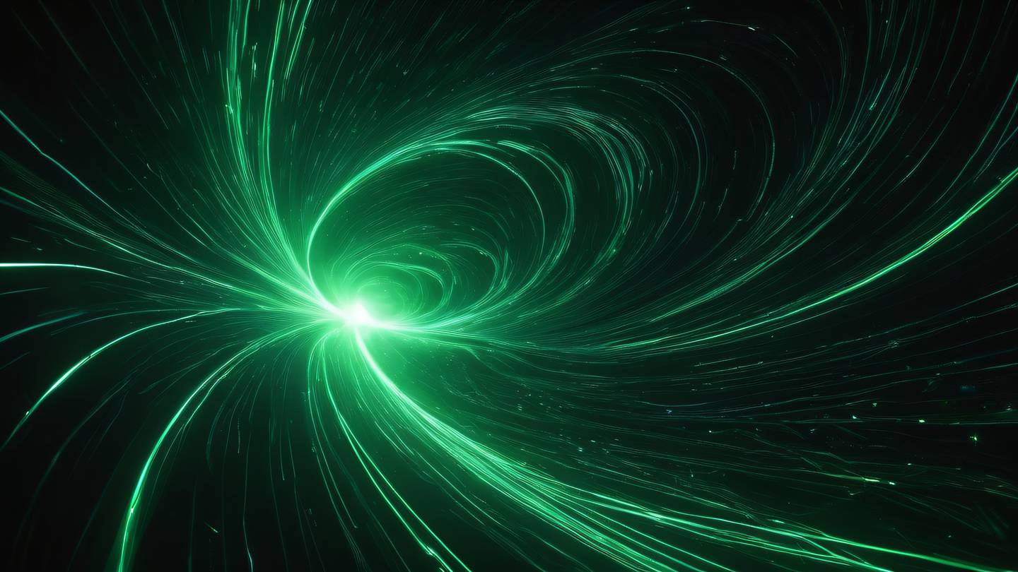 An abstract representation of cosmic energy flows featuring streams of holographic light swirling through dark space with bright neon green energy trails against deep black background ultra-realistic cinematic 8K UHD captured from a dynamic diagonal angle showing the flow of energy high resolution with sharp detail