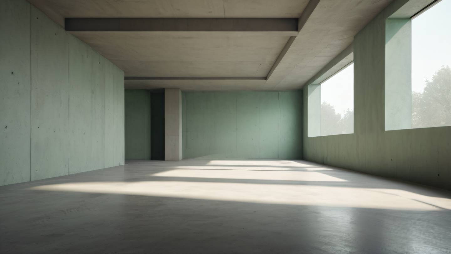 Minimalist concrete interior with clean lines and geometric shadows featuring October mist green and sand colored surfaces photographed from a diagonal angle high-quality ultra-realistic cinematic 8K UHD high resolution sharp and detail
