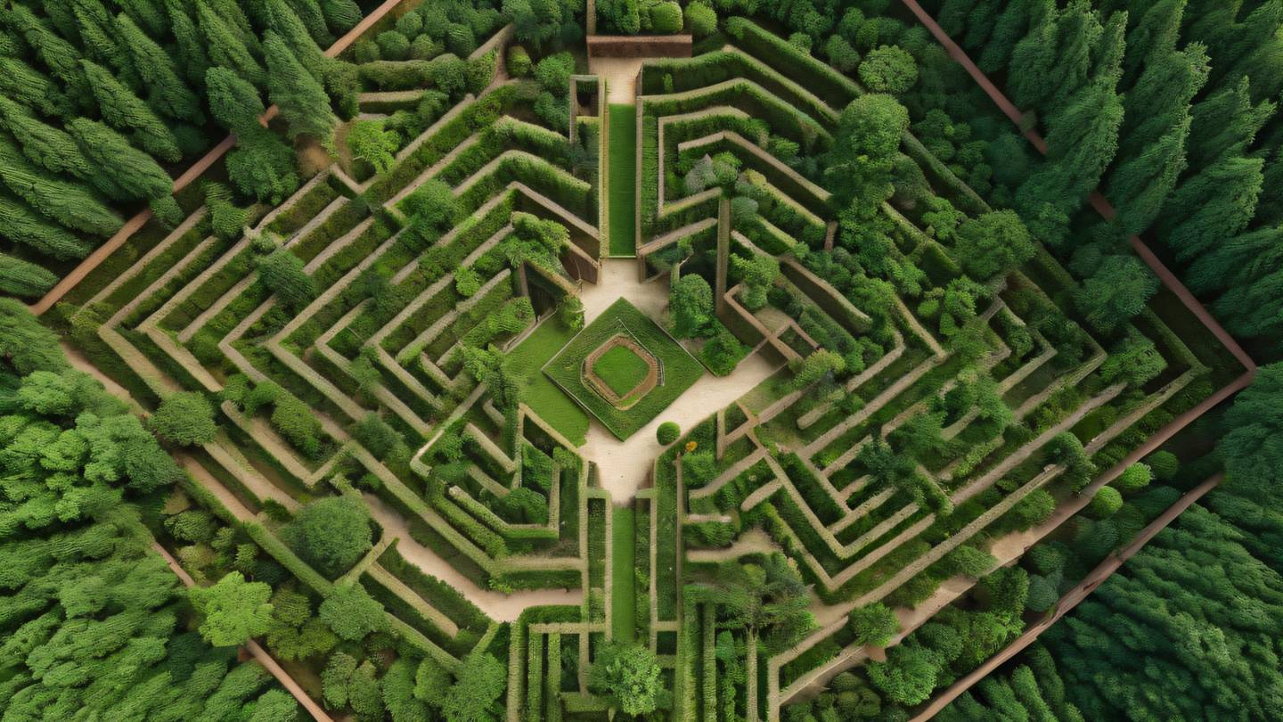 Aerial top-down view of a geometric garden maze pattern with rustic terracotta pathways surrounded by forest green vegetation. The composition creates an intricate abstract pattern when viewed from directly above at 90 degrees. Captured with a drone camera in bright daylight. high-quality ultra-realistic cinematic 8K UHD high resolution sharp and detail