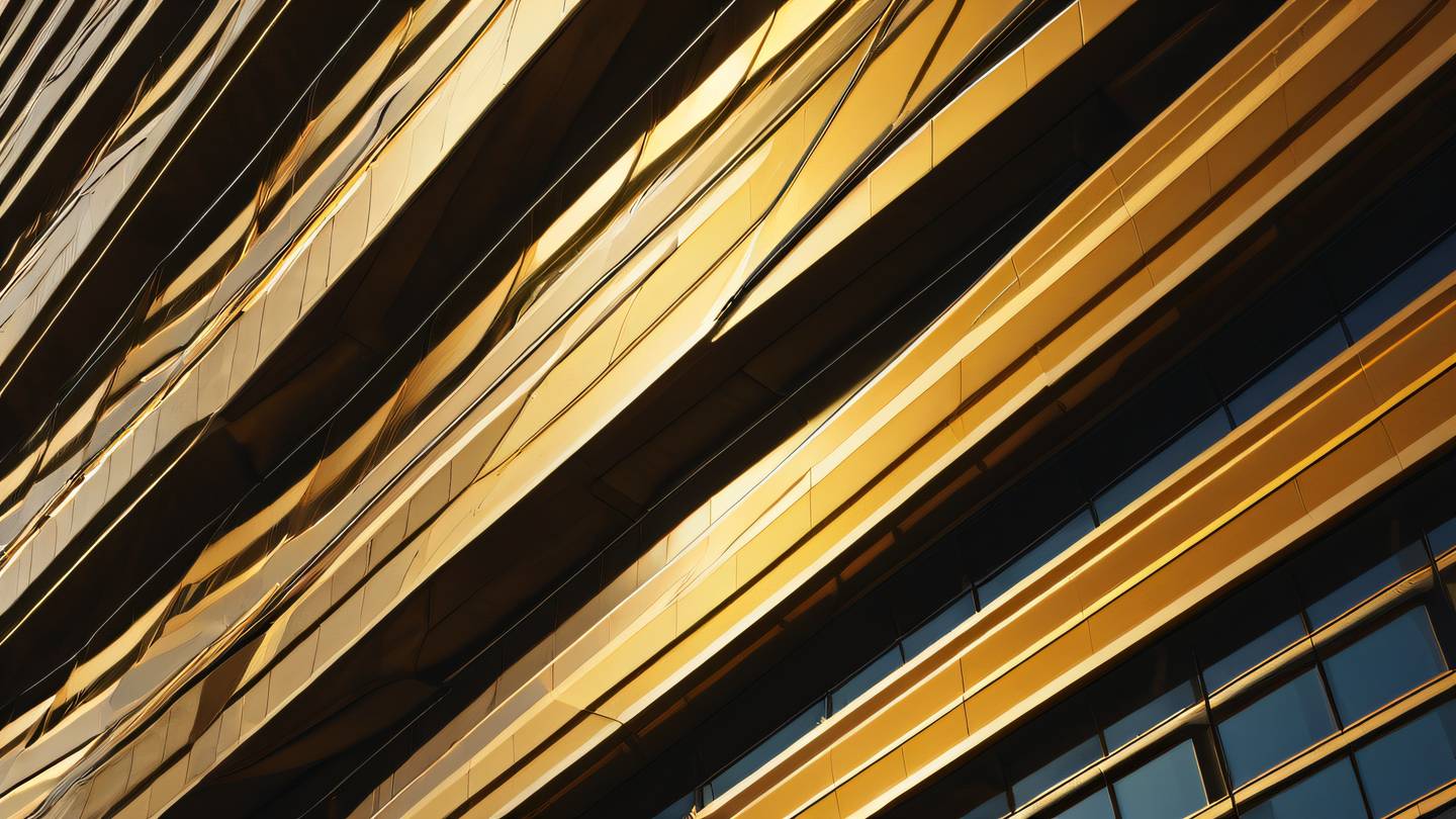 Abstract architectural detail of a futuristic building facade with repeating geometric patterns. The structure features bright amber and gold metallic surfaces with deep shadows creating contrast. Photographed from a diagonal angle to capture the repetitive elements. high-quality ultra-realistic cinematic 8K UHD high resolution sharp and detail