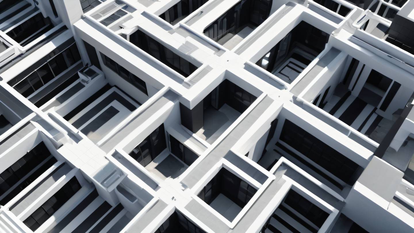 Bird's eye view of a contemporary black and white architectural complex with interconnected walkways and courtyards creating an abstract pattern. The structure features stark black geometric shapes against white surfaces photographed from directly above with strong midday shadows. high-quality ultra-realistic cinematic 8K UHD high resolution sharp and detail