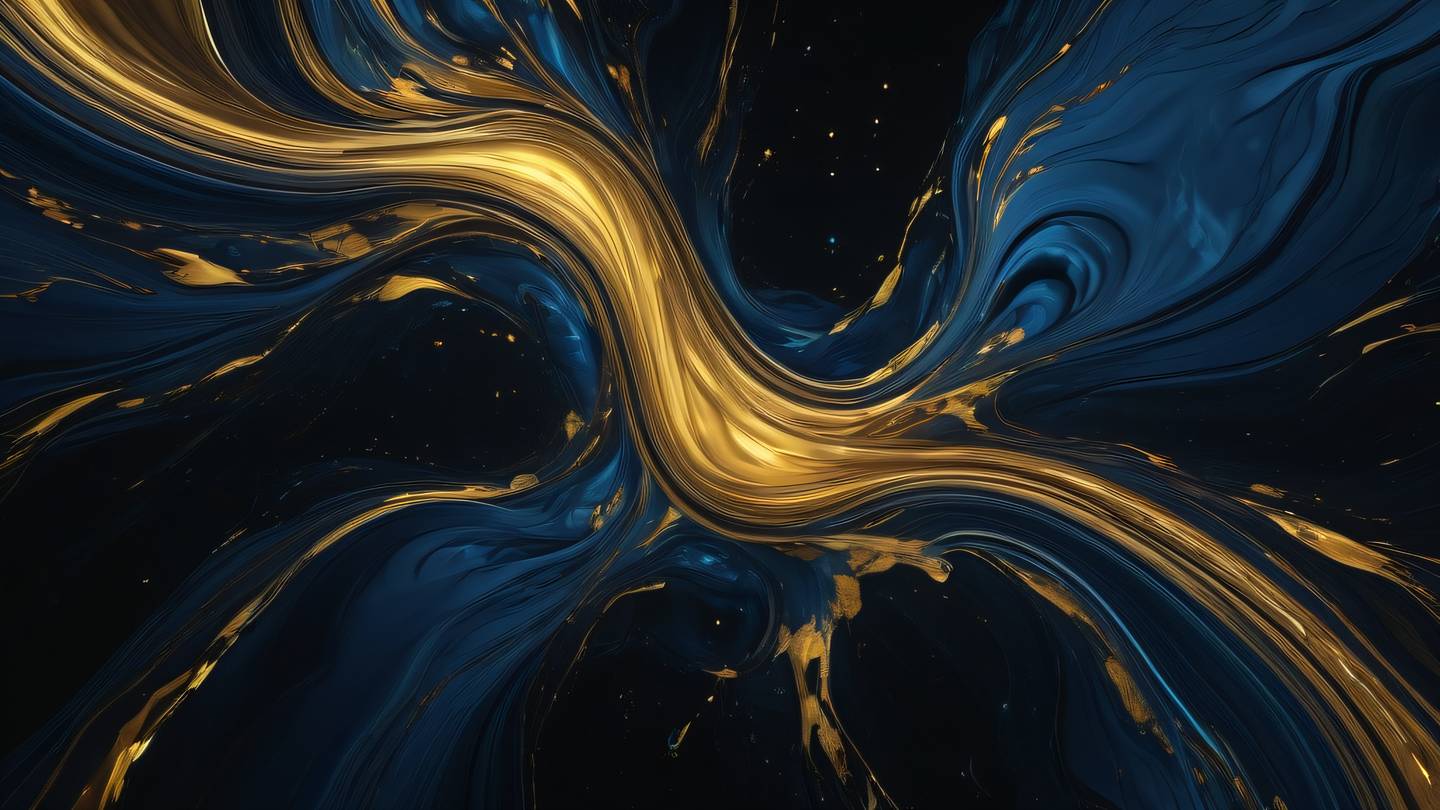 Abstract fluid art representing digital integration with flowing streams of bright gold and deep blue colors intertwining against a black background overhead drone shot emphasizing smooth transitions and connectivity high-quality ultra-realistic cinematic 8K UHD high resolution sharp and detail