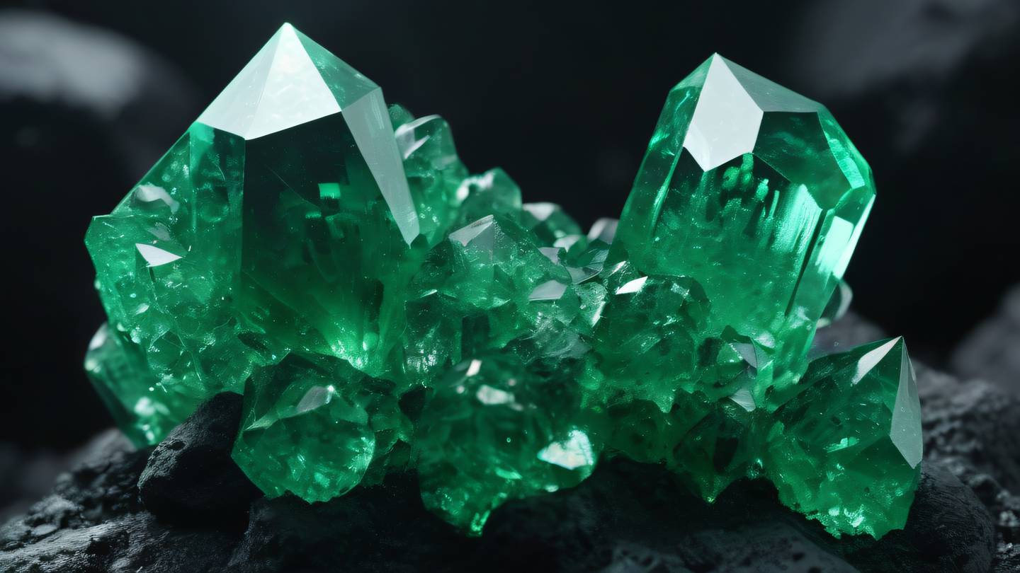 Crystal formations in a geometric pattern bright emerald green crystals emerging from black volcanic rock macro close-up shot capturing light reflections and facets high-quality ultra-realistic cinematic 8K UHD high resolution sharp and detail