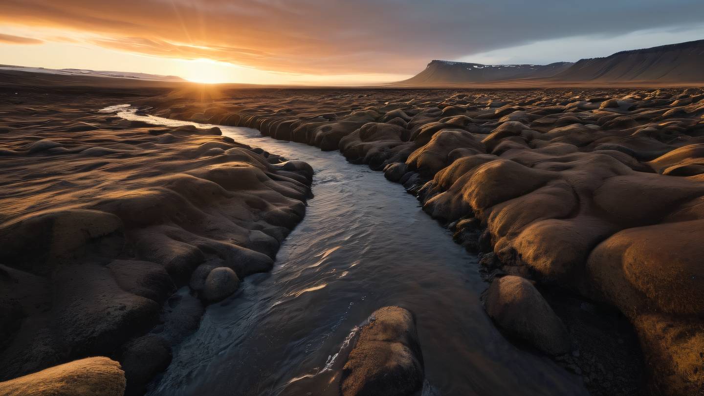 Icelandic landscape with flowing water streams rich brown and cream colored earth formations low angle shot capturing the contrast between earth and sky golden sunset light illuminating the scene high-quality ultra-realistic cinematic 8K UHD high resolution sharp and detail