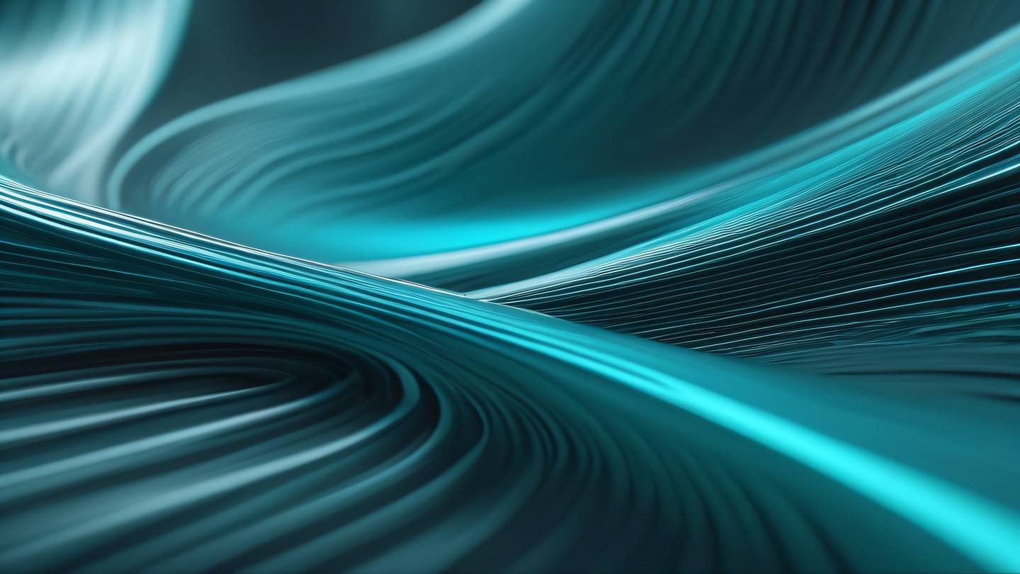 Abstract flowing waves representing data streams between systems metallic silver and bright cyan colors mixed together dramatic side angle view resembling smooth liquid metal in motion high-quality ultra-realistic cinematic 8K UHD high resolution sharp and detail