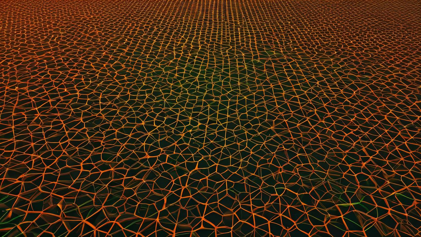 Abstract geometric network patterns resembling connected nodes bright orange and electric green gradient aerial top-down view modern abstract architectural style high-quality ultra-realistic cinematic 8K UHD high resolution sharp and detail