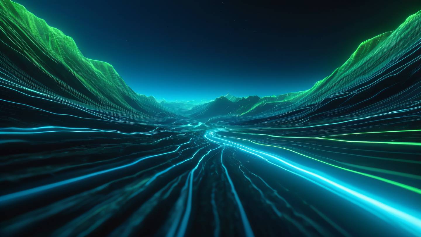 Dynamic abstract landscape with flowing energy lines bright electric blue and neon green colors low angle dramatic perspective resembling digital terrain high-quality ultra-realistic cinematic 8K UHD high resolution sharp and detail