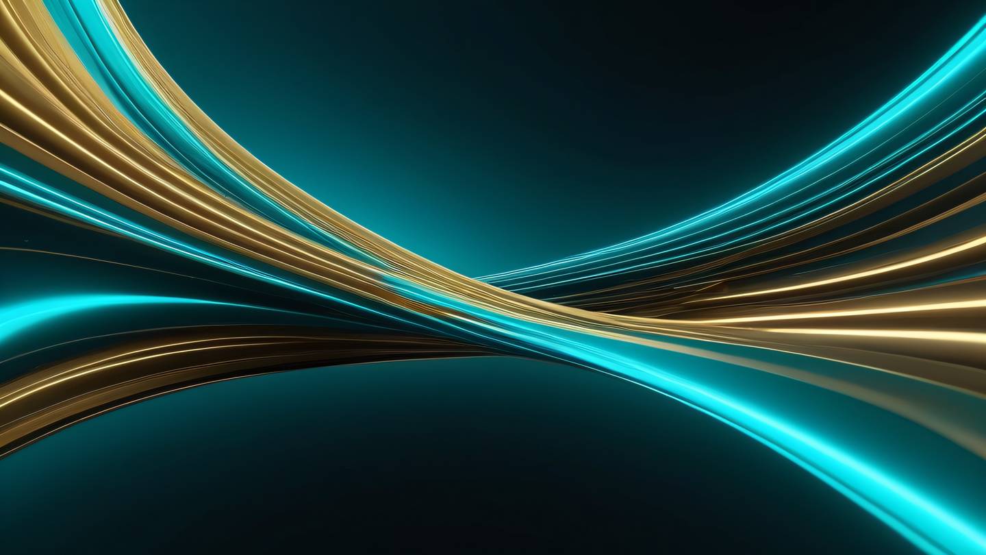 Abstract flowing curves and lines representing digital transformation bright neon turquoise and metallic gold colors diagonal perspective view modern minimalist style high-quality ultra-realistic cinematic 8K UHD high resolution sharp and detail