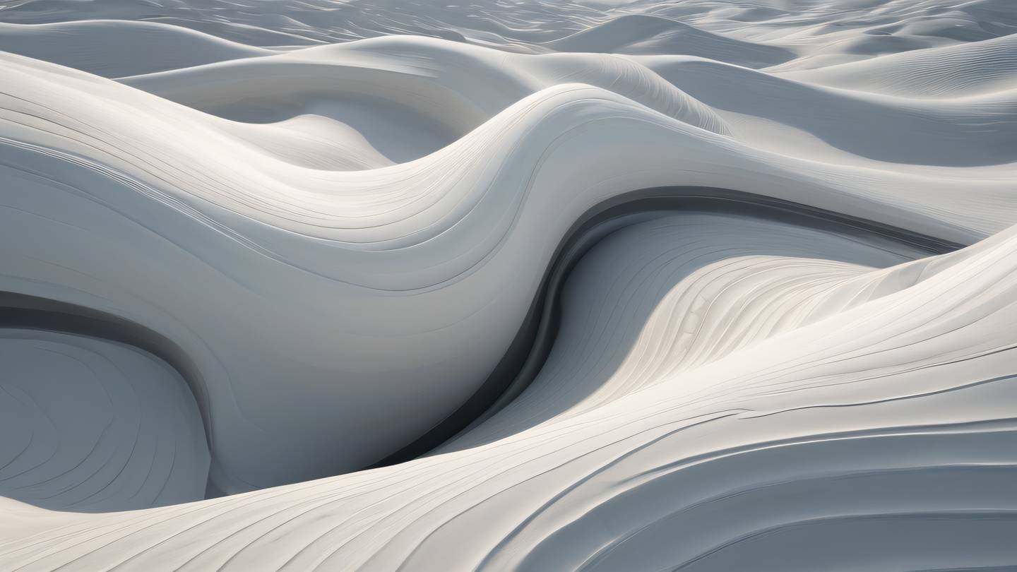 A serene abstract landscape with flowing curves and layers in off-white and gray tones featuring organic shapes that suggest connection and flow photographed from a bird's eye view high-quality ultra-realistic cinematic 8K UHD high resolution sharp and detail