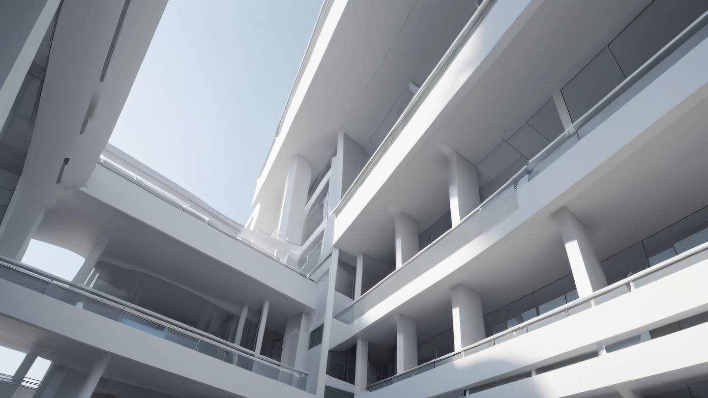Abstract architectural forms suggesting structure and organization with clean lines and shapes in light grey and white tones photographed from a low angle perspective high-quality ultra-realistic cinematic 8K UHD high resolution sharp and detail