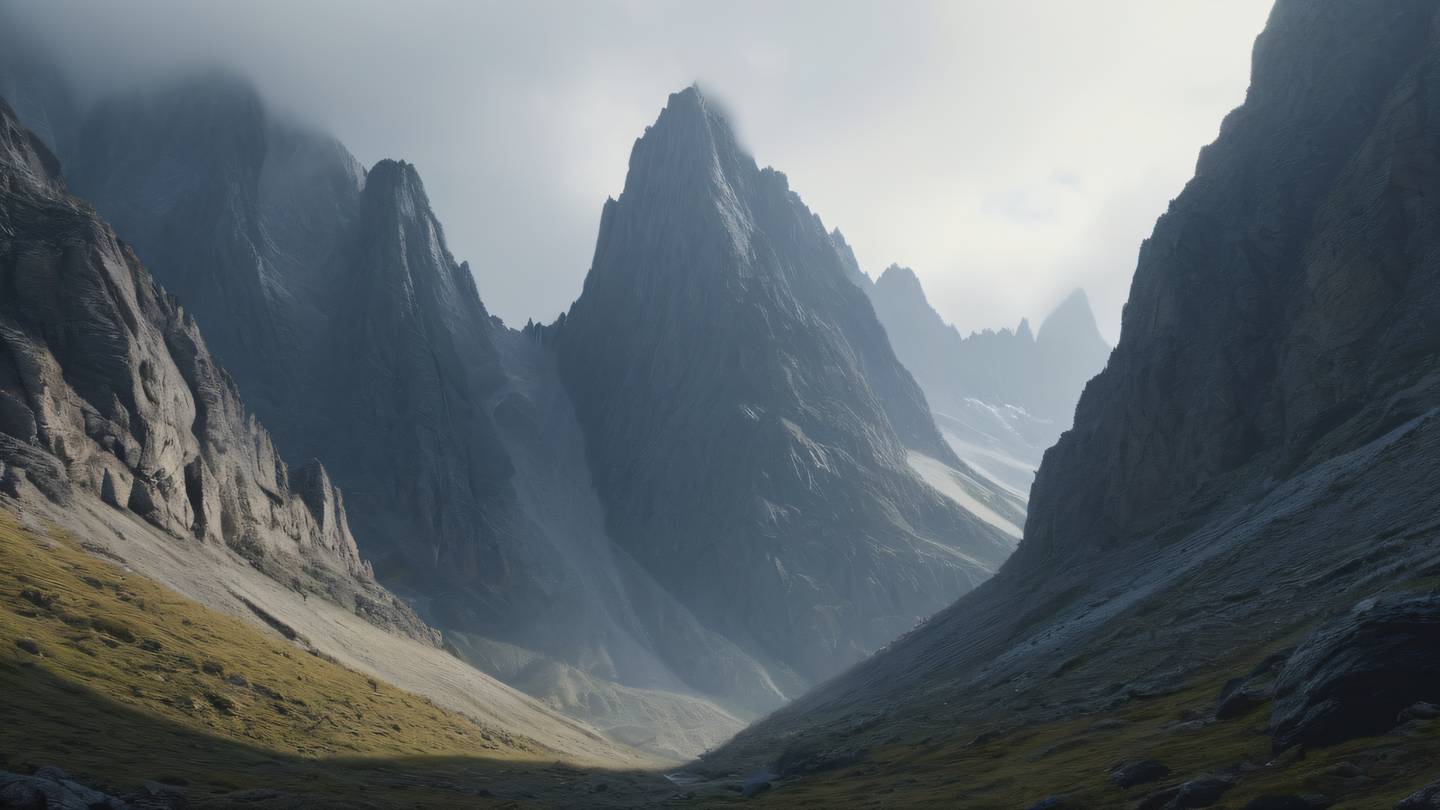 A serene mountain landscape with layered peaks featuring stone-colored jagged cliffs in the foreground transitioning to misty valleys captured from a low angle perspective high-quality ultra-realistic cinematic 8K UHD high resolution sharp and detail